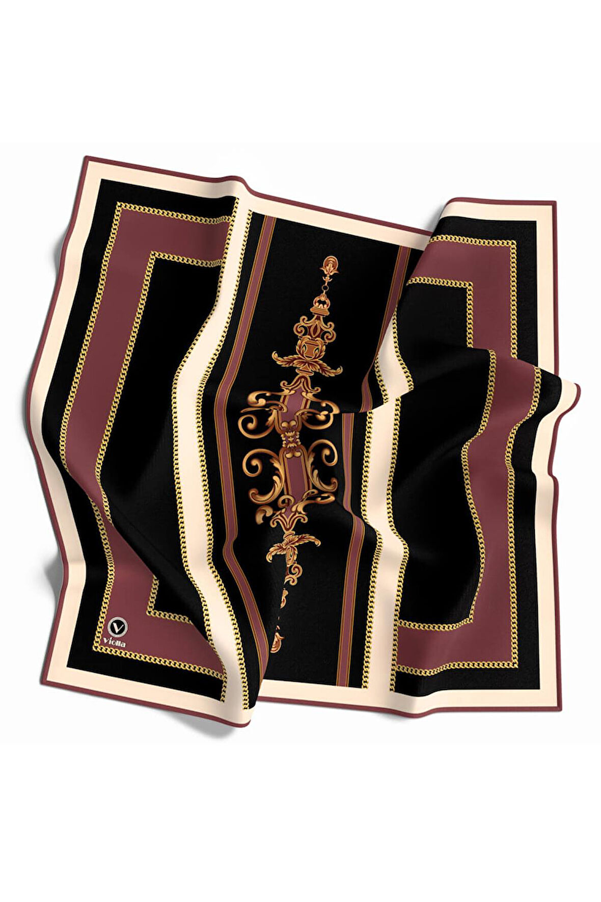 Twill Barok Desenli Pudra Renkli 90x90 Eşarp (İpek İçermez) Kenar Dikiş Şekli El Dikişli