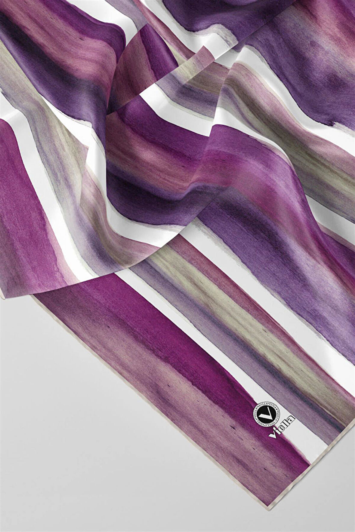 Twill Suluboya Çizgi Desenli Mürdüm - Mor Renkli 90x90 Eşarp (İpek İçermez) Kenar Dikiş Şekli El Dikişli