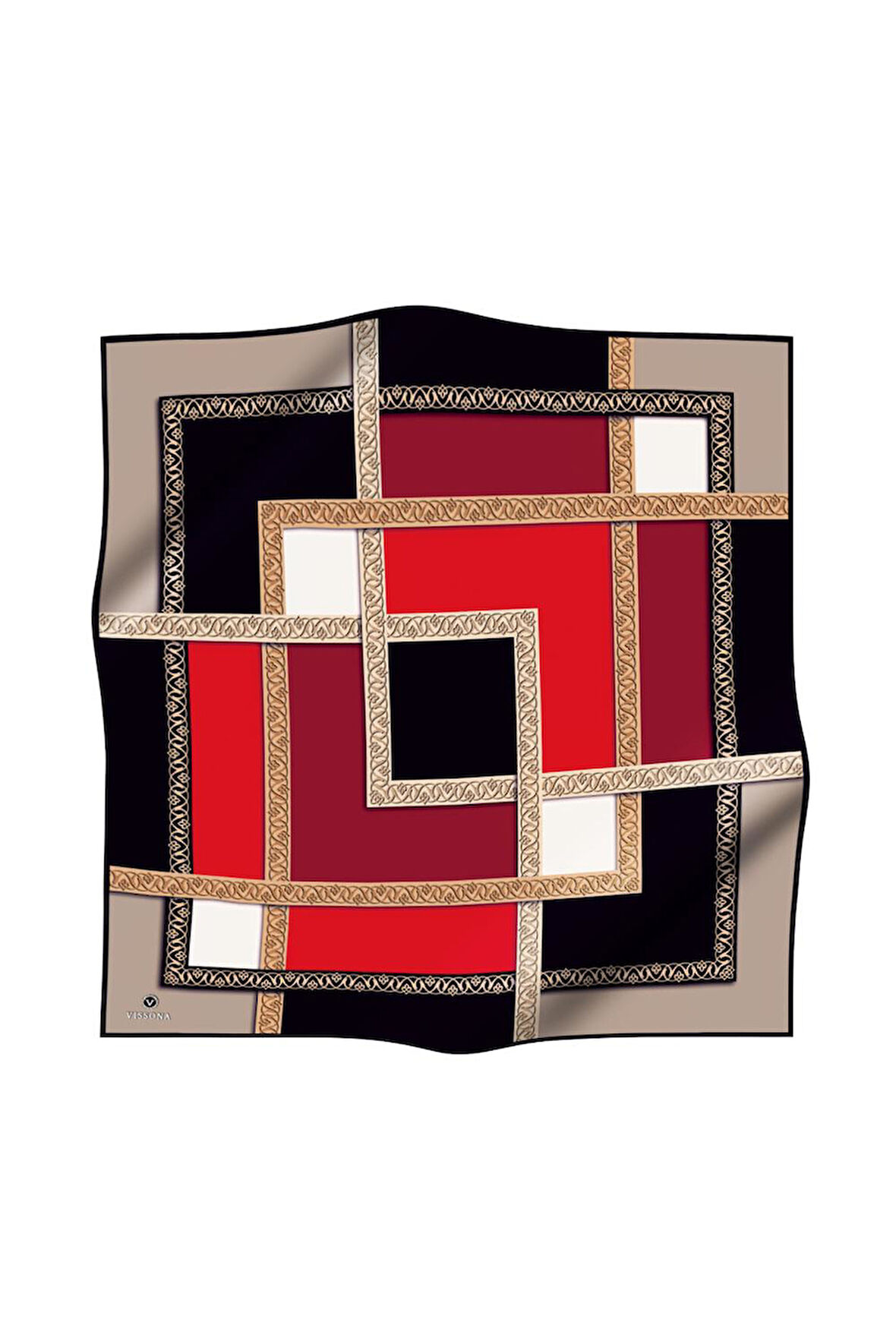 %100 Twill İpek Geometrik Desenli Kırmızı - Bej Renkli 90x90 Eşarp Dikim Şekli : El Dikişi