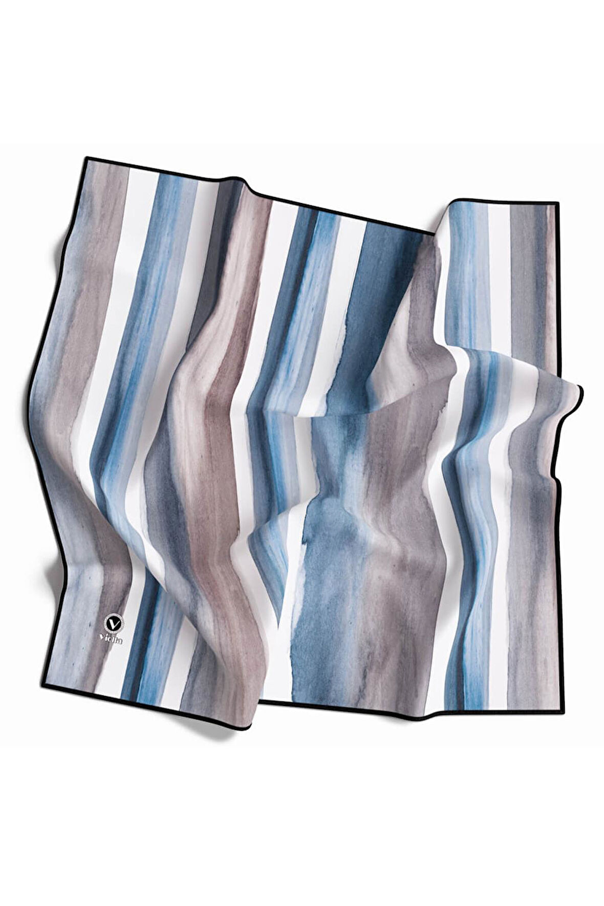 Twill Suluboya Çizgi Desenli Buz Mavisi - Gri Renkli 90x90 Eşarp (İpek İçermez) Kenar Dikiş Şekli El Dikişli