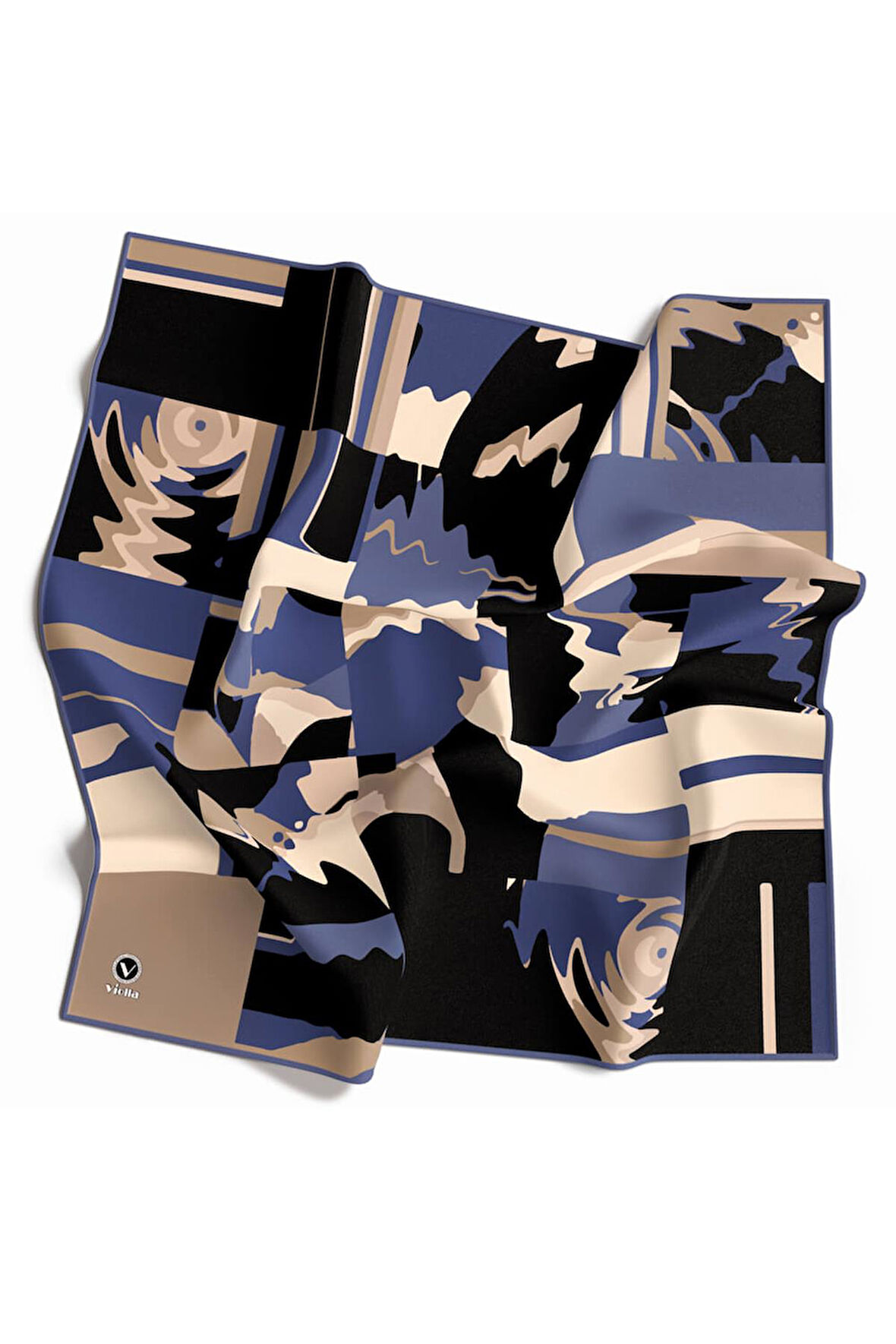 Kristal Boyalı Geometrik Desenli İndigo Renkli 90x90 Eşarp (İpek İçermez) Kenar Dikiş Şekli El Dikişli