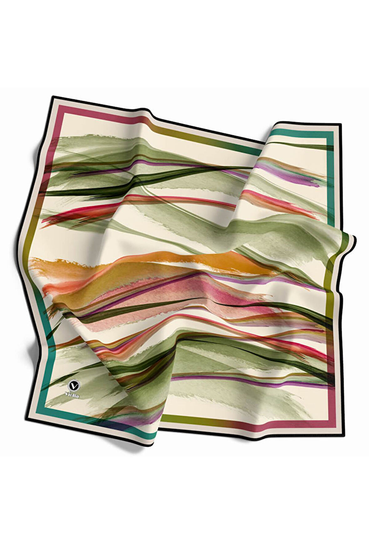 Twill Fırça Desenli Turuncu - Haki Renkli 90x90 Eşarp (İpek İçermez) Kenar Dikiş Şekli El Dikişli