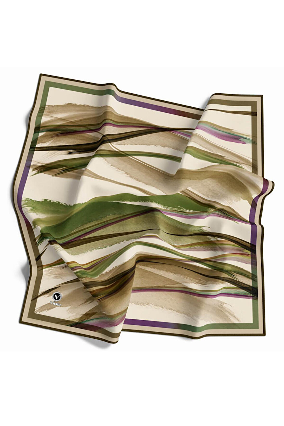 Twill Fırça Desenli Haki Yeşili - Bej Renkli 90x90 Eşarp (İpek İçermez) Kenar Dikiş Şekli El Dikişli