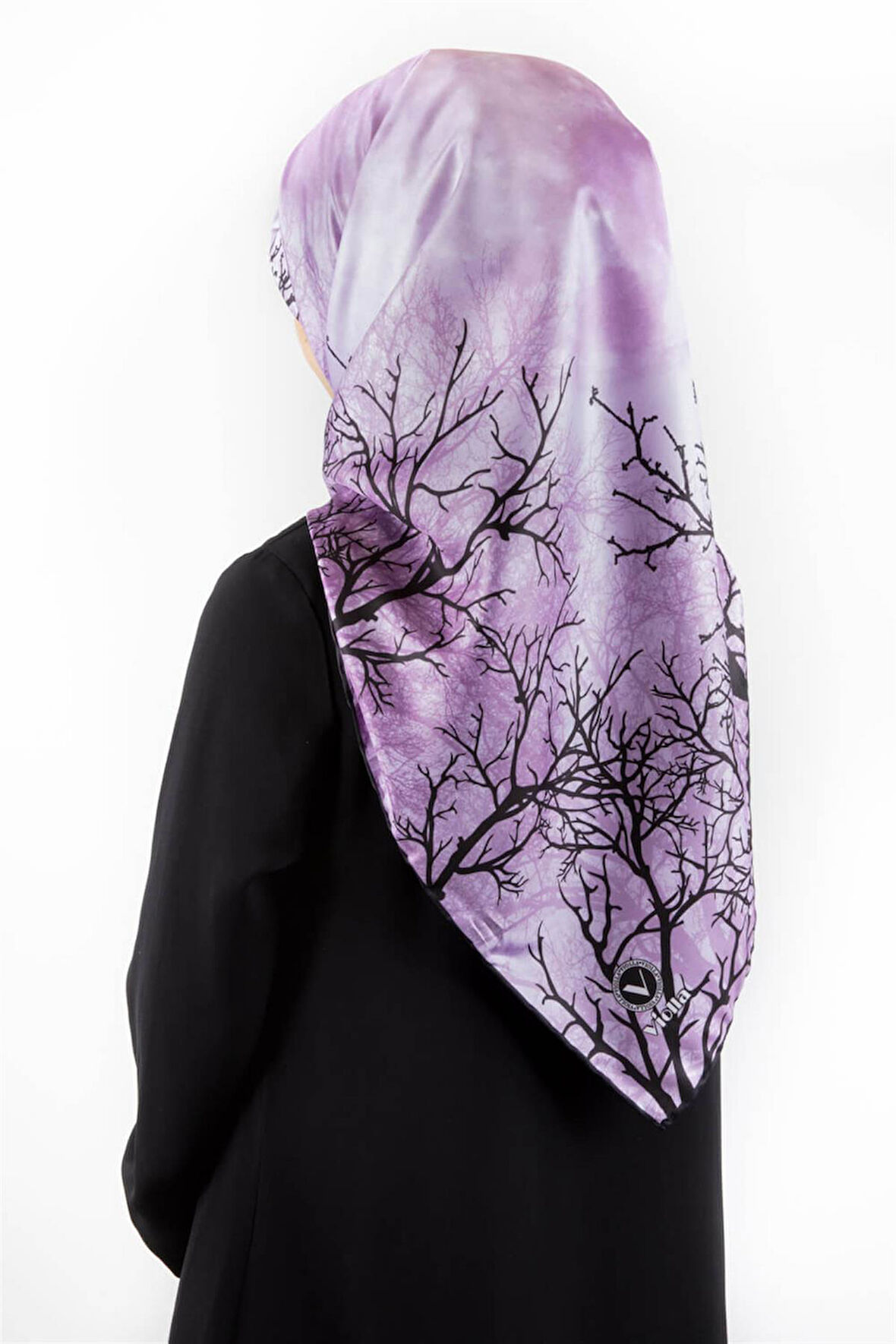 Twill Dolunay ve Ağaç Desenli Lila Renkli 90x90 Eşarp (İpek İçermez) Kenar Dikiş Şekli El Dikişli