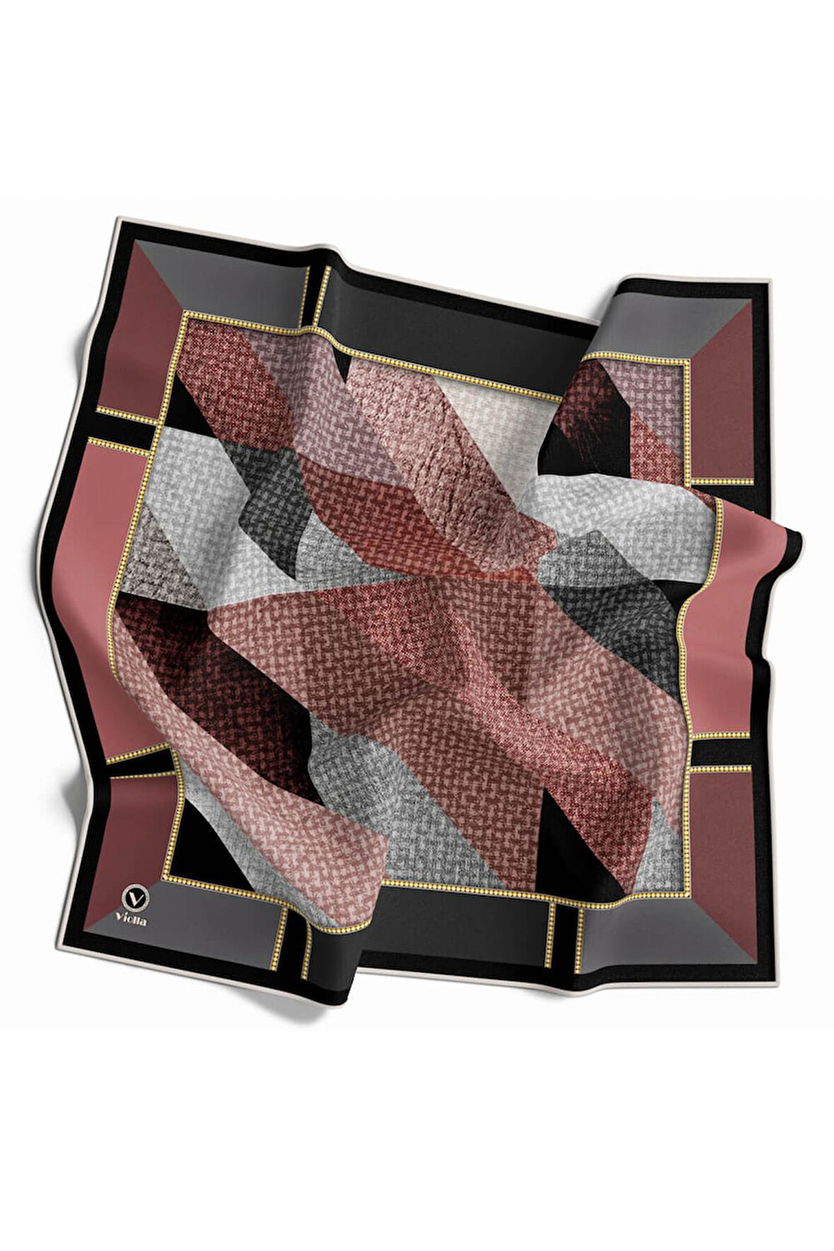 Twill Geometrik Desenli Pudra Renkli 90x90 Eşarp (İpek İçermez) Kenar Dikiş Şekli El Dikişli