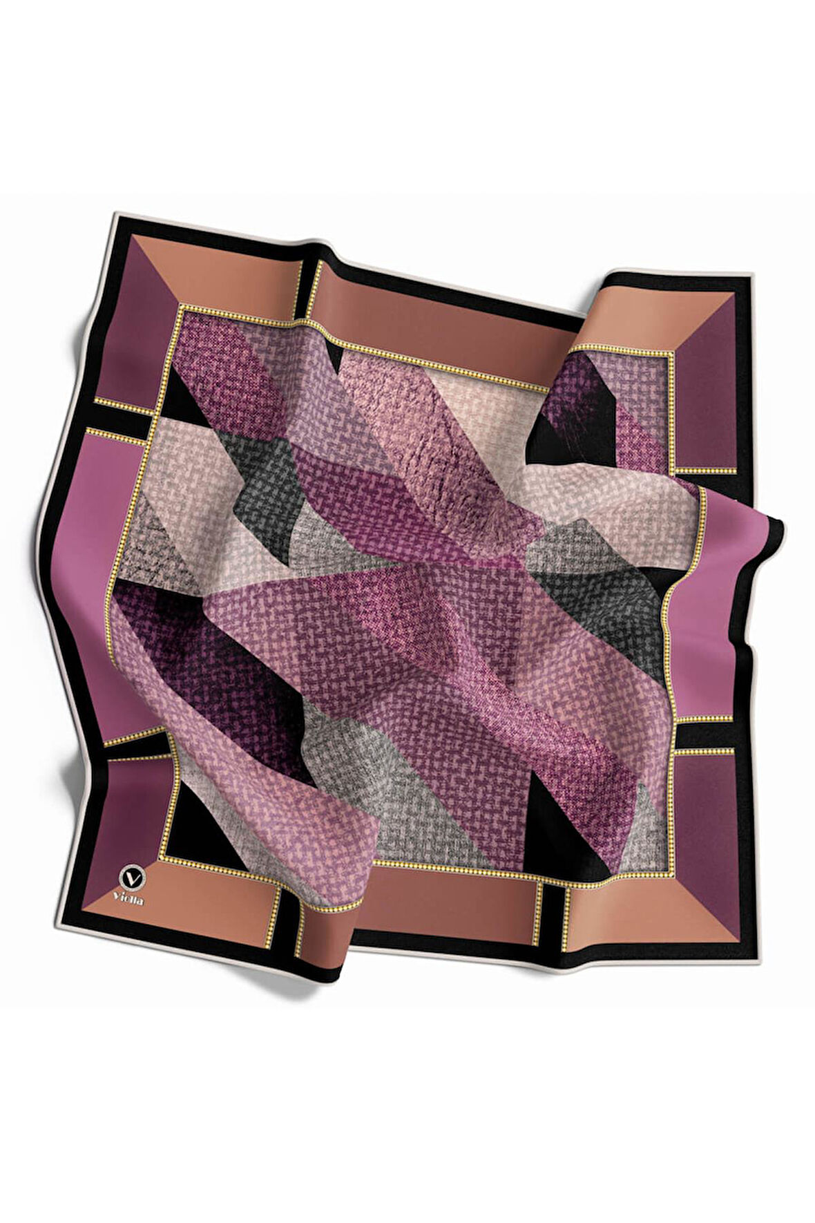 Twill Geometrik Desenli Pembe Renkli 90x90 Eşarp (İpek İçermez) Kenar Dikiş Şekli El Dikişli