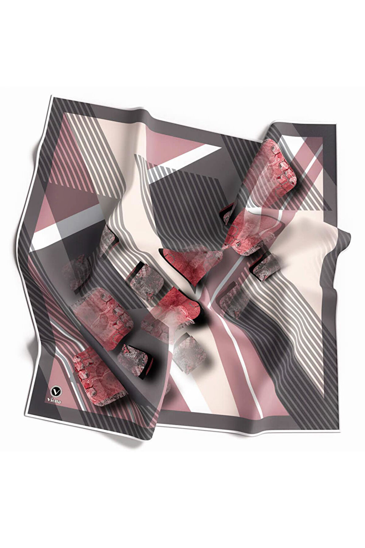 Twill Çizgili ve Geometrik Desenli Pudra Renkli 90x90 Eşarp (İpek İçermez) Kenar Dikiş Şekli El Dikişli