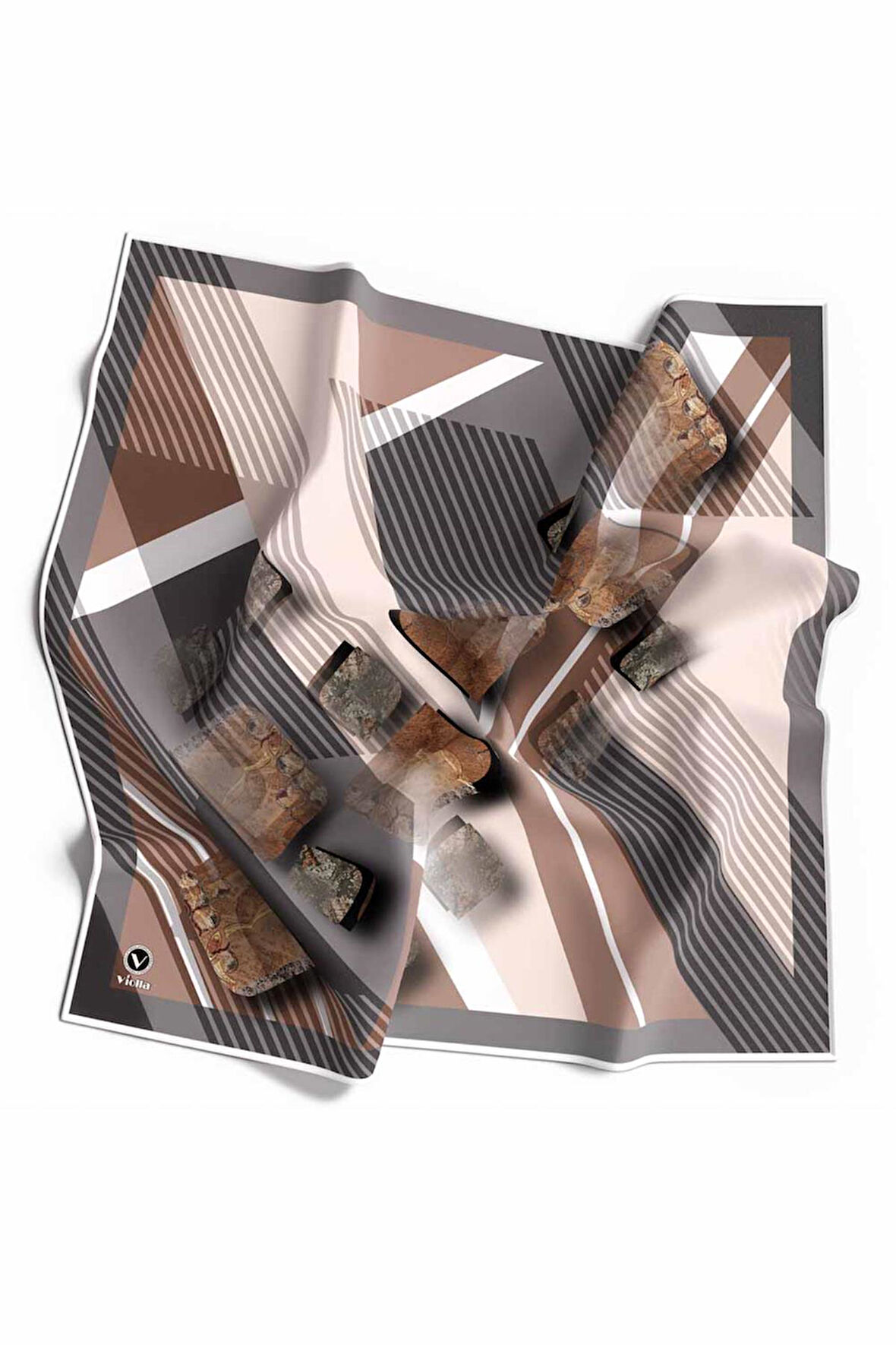 Twill Çizgili ve Geometrik Desenli Gri Renkli 90x90 Eşarp (İpek İçermez) Kenar Dikiş Şekli El Dikişli