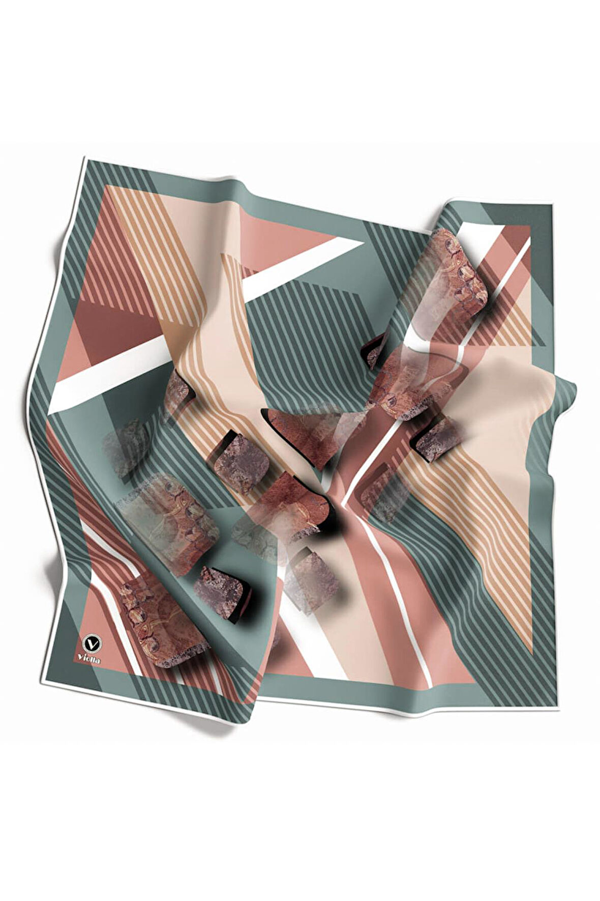 Twill Çizgili ve Geometrik Desenli Mint Renkli 90x90 Eşarp (İpek İçermez) Kenar Dikiş Şekli El Dikişli