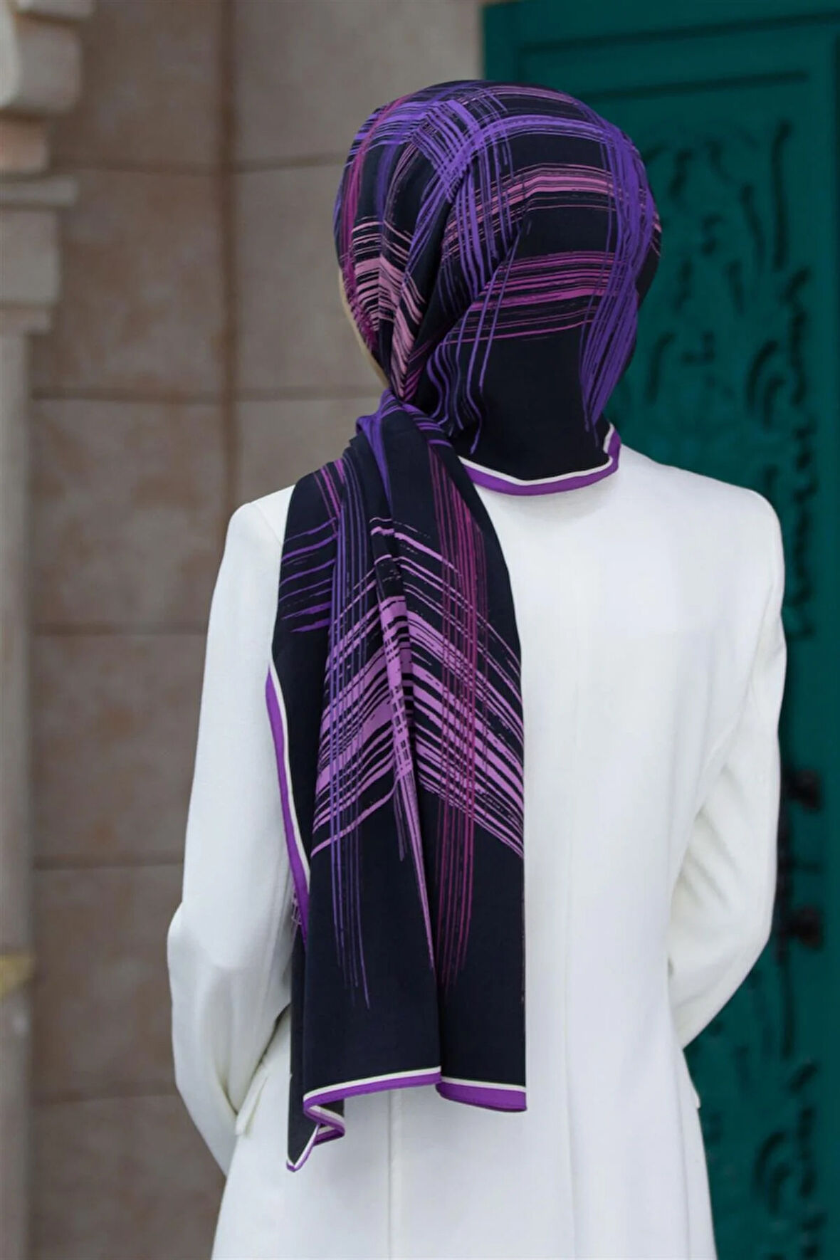 LÜKS MEDİNE İPEĞİ FIRÇA DESENLİ MOR RENKLİ 75X195 KIRIŞMAZ ŞAL MOSS KREP DİKİŞ TİPİ İTALYAN DİKİŞLİ