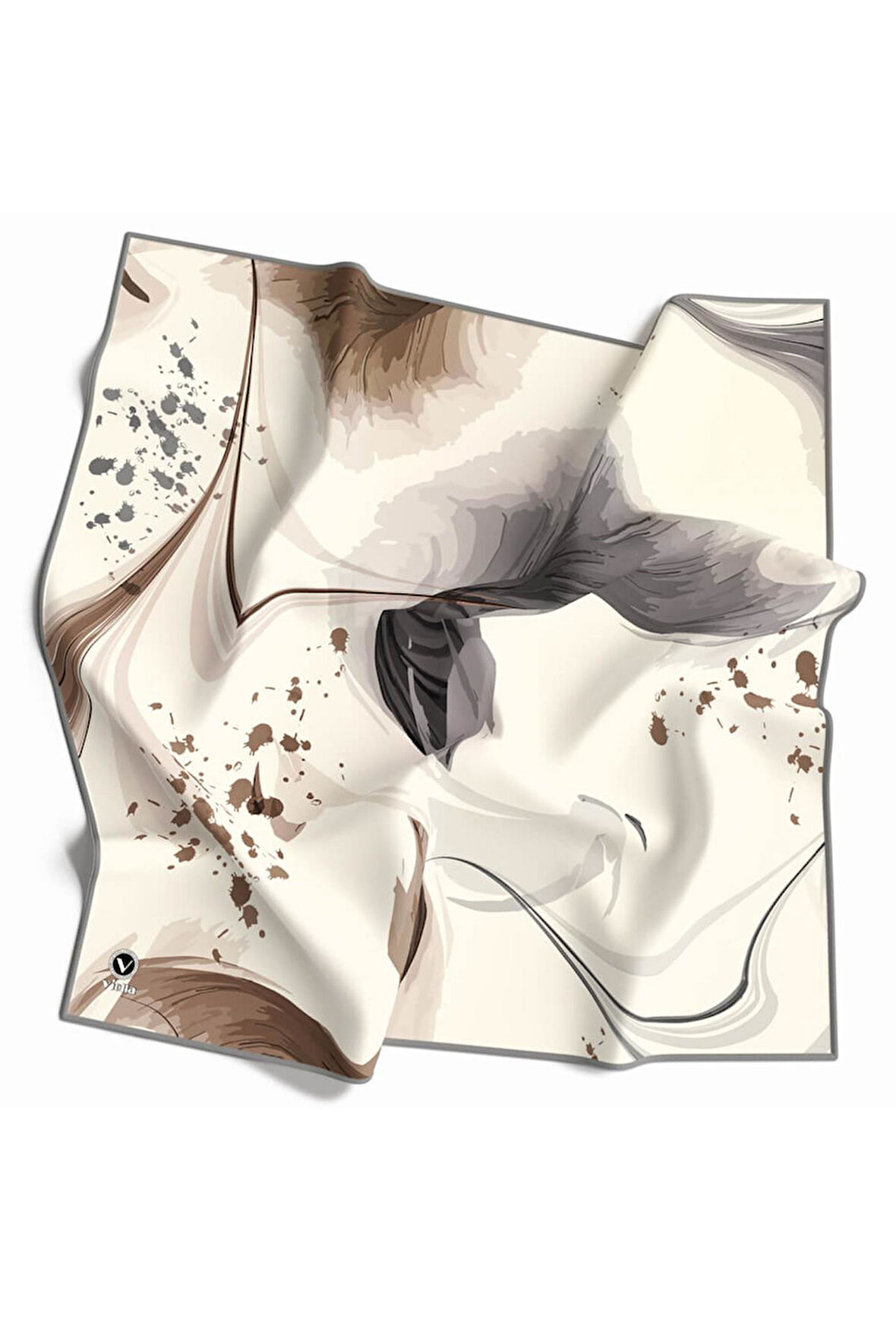 Twill Dalga Desenli Gri Renkli 90x90 Eşarp (İpek İçermez) Kenar Dikiş Şekli El Dikişli