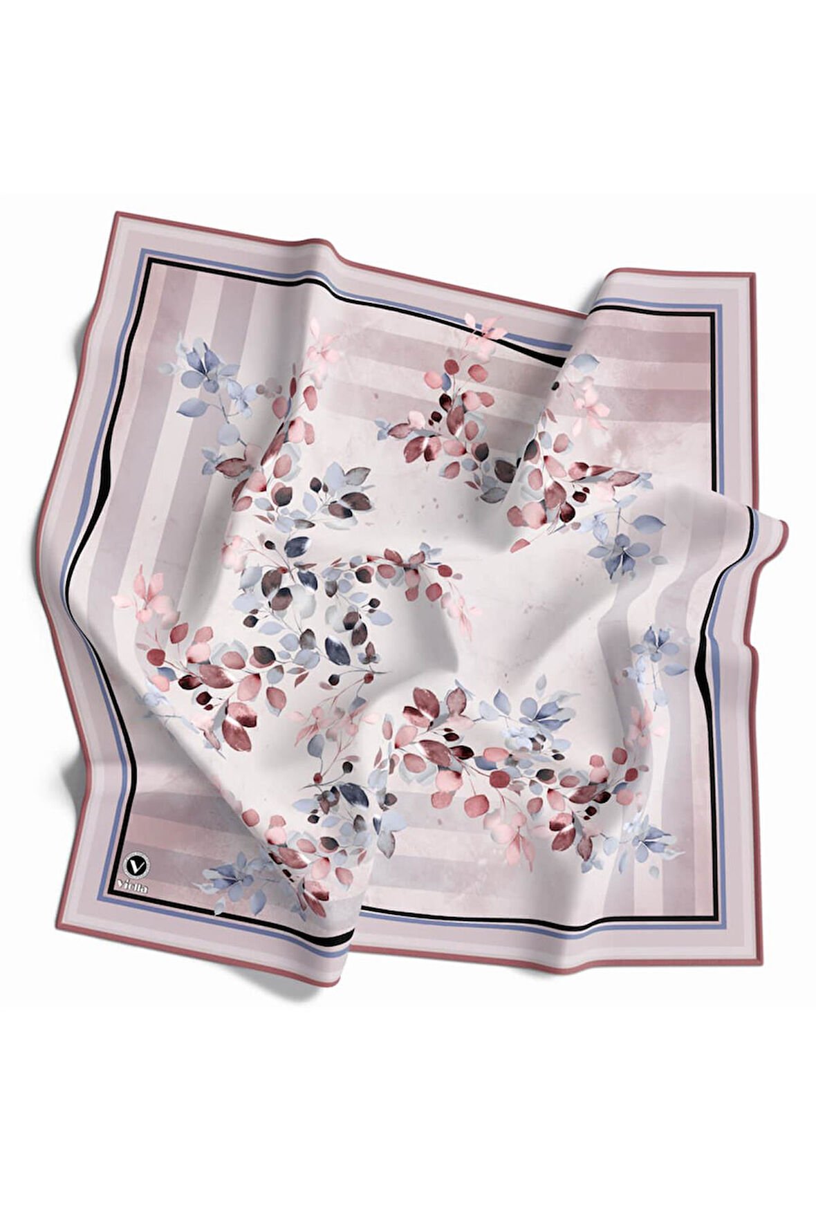 Twill Çiçek Desenli Gül Kurusu Renkli 90x90 Eşarp (İpek İçermez) Kenar Dikiş Şekli El Dikişli