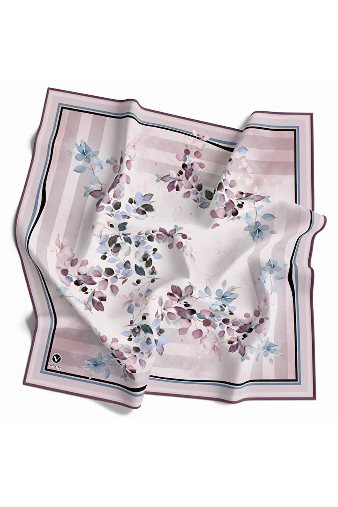 Twill Çiçek Desenli Mor Renkli 90x90 Eşarp (İpek İçermez) Kenar Dikiş Şekli El Dikişli