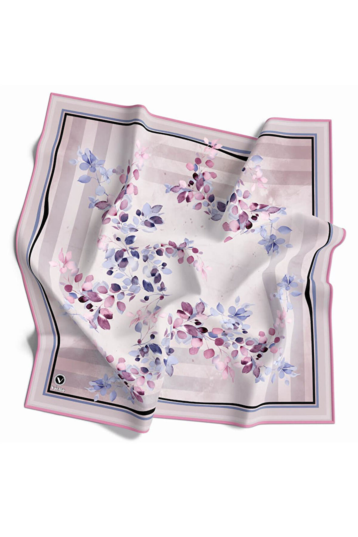 Twill Çiçek Desenli Pembe Renkli 90x90 Eşarp (İpek İçermez) Kenar Dikiş Şekli El Dikişli