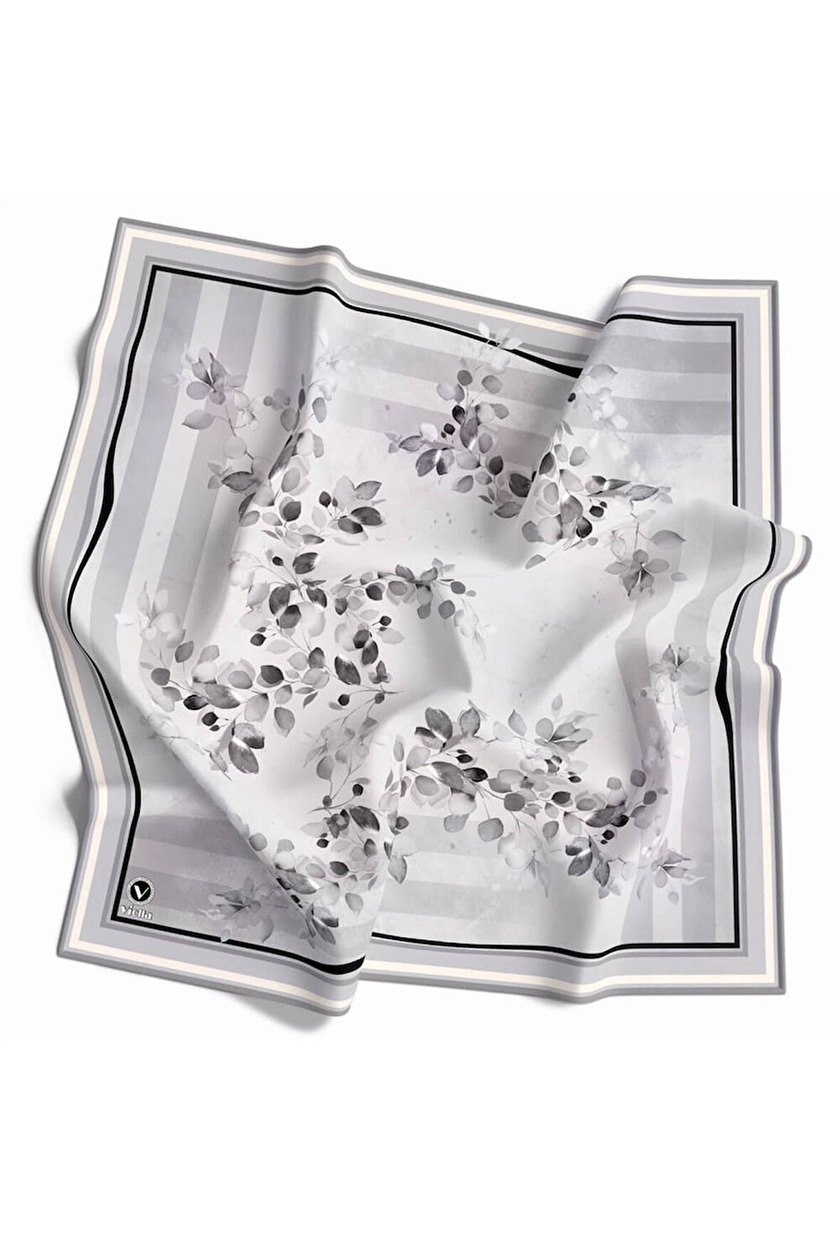 Twill Çiçek Desenli Gri Renkli 90x90 Eşarp (İpek İçermez) Kenar Dikiş Şekli El Dikişli