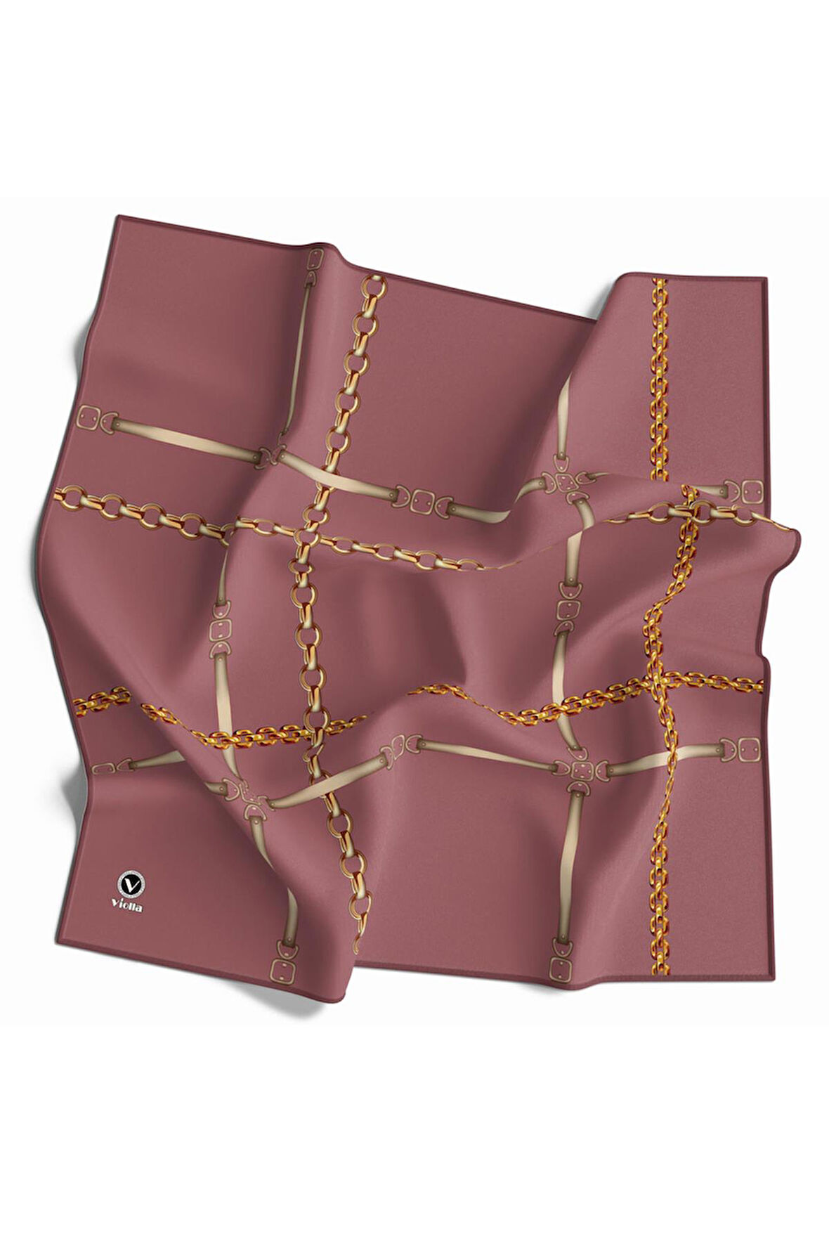 Twill Zincir ve Kemer Desenli Gül Kurusu Renkli 90x90 Eşarp (İpek İçermez) Kenar Dikiş Şekli El Dikişli