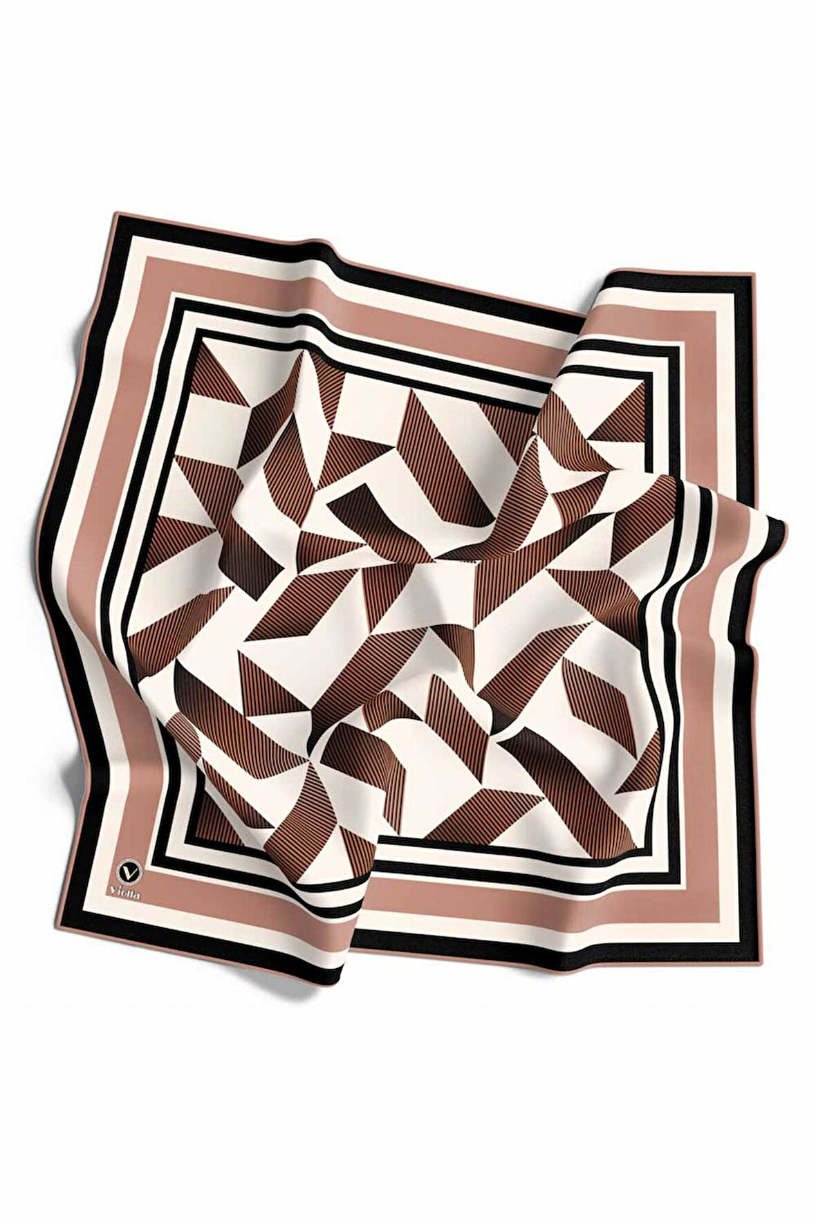 Twill Geometrik Desenli Somon Renkli 90x90 Eşarp (İpek İçermez) Kenar Dikiş Şekli El Dikişli