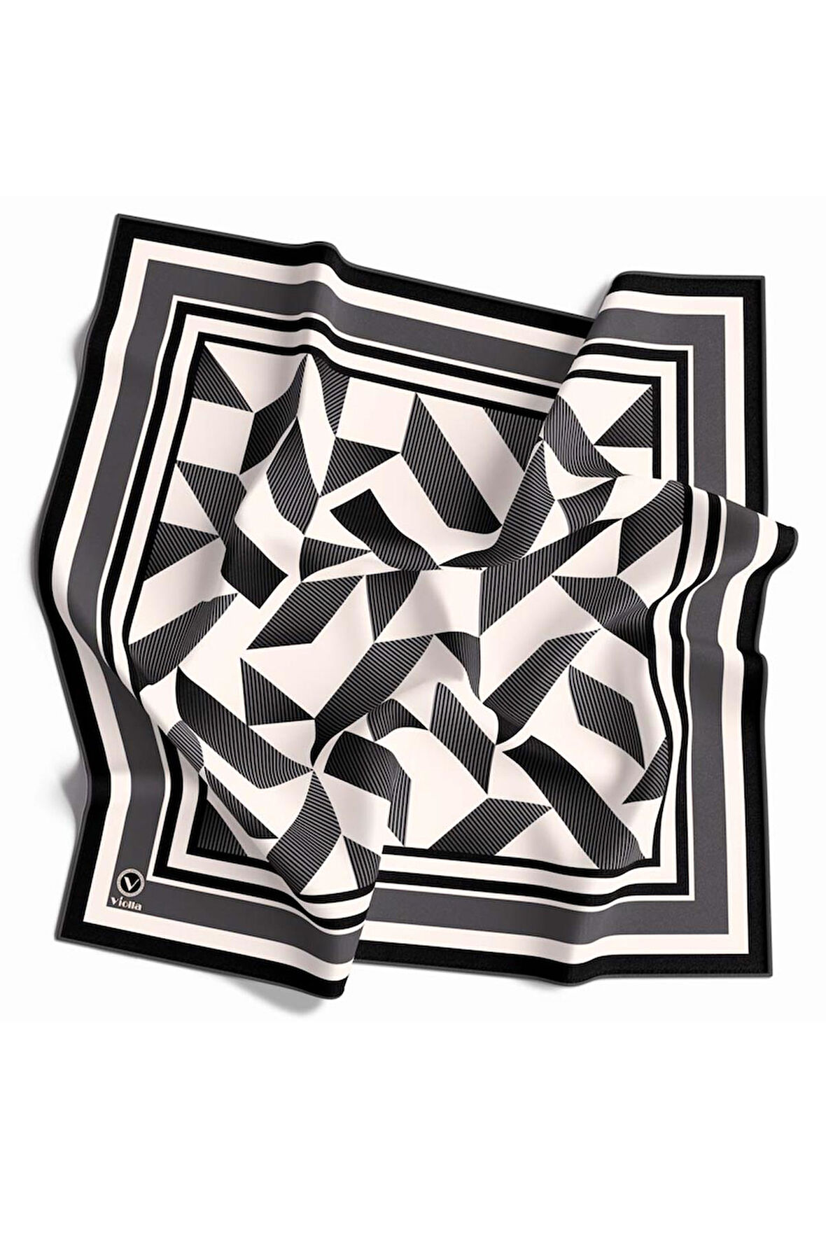 Twill Geometrik Desenli Füme Renkli 90x90 Eşarp (İpek İçermez) Kenar Dikiş Şekli El Dikişli