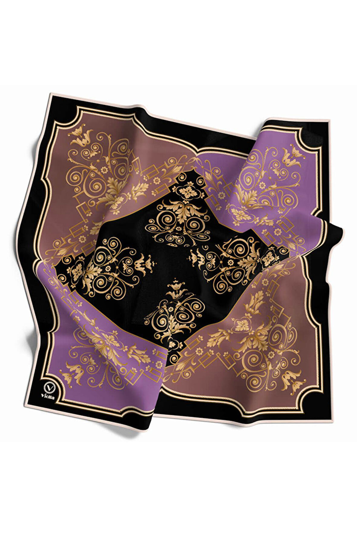 Twill Gold Desenli Lila Renkli 90x90 Eşarp (İpek İçermez) Kenar Dikiş Şekli El Dikişli