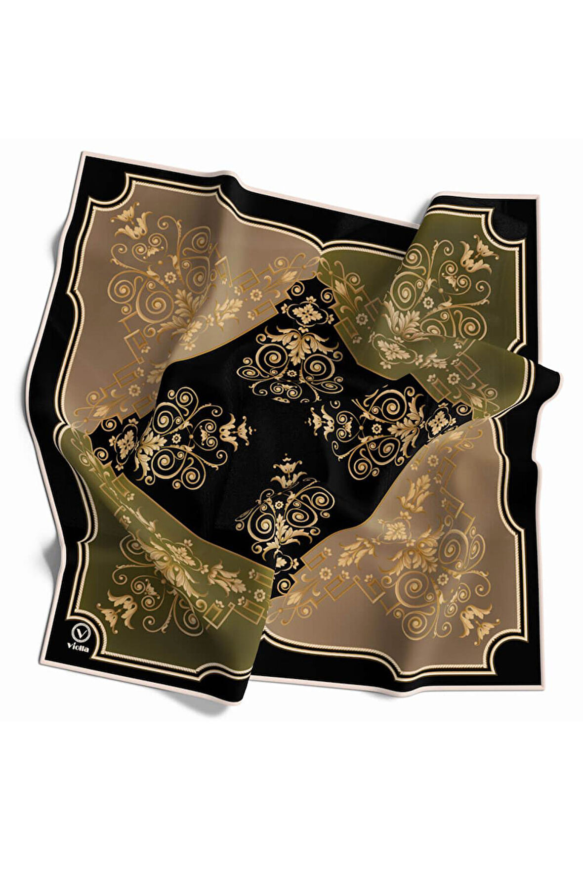 Twill Gold Desenli Haki Renkli 90x90 Eşarp (İpek İçermez) Kenar Dikiş Şekli El Dikişli