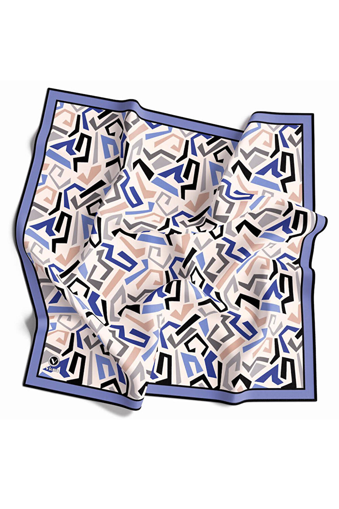 Twill Geometrik Desenli Bebe Mavisi Renkli 90x90 Eşarp (İpek İçermez) Kenar Dikiş Şekli El Dikişli