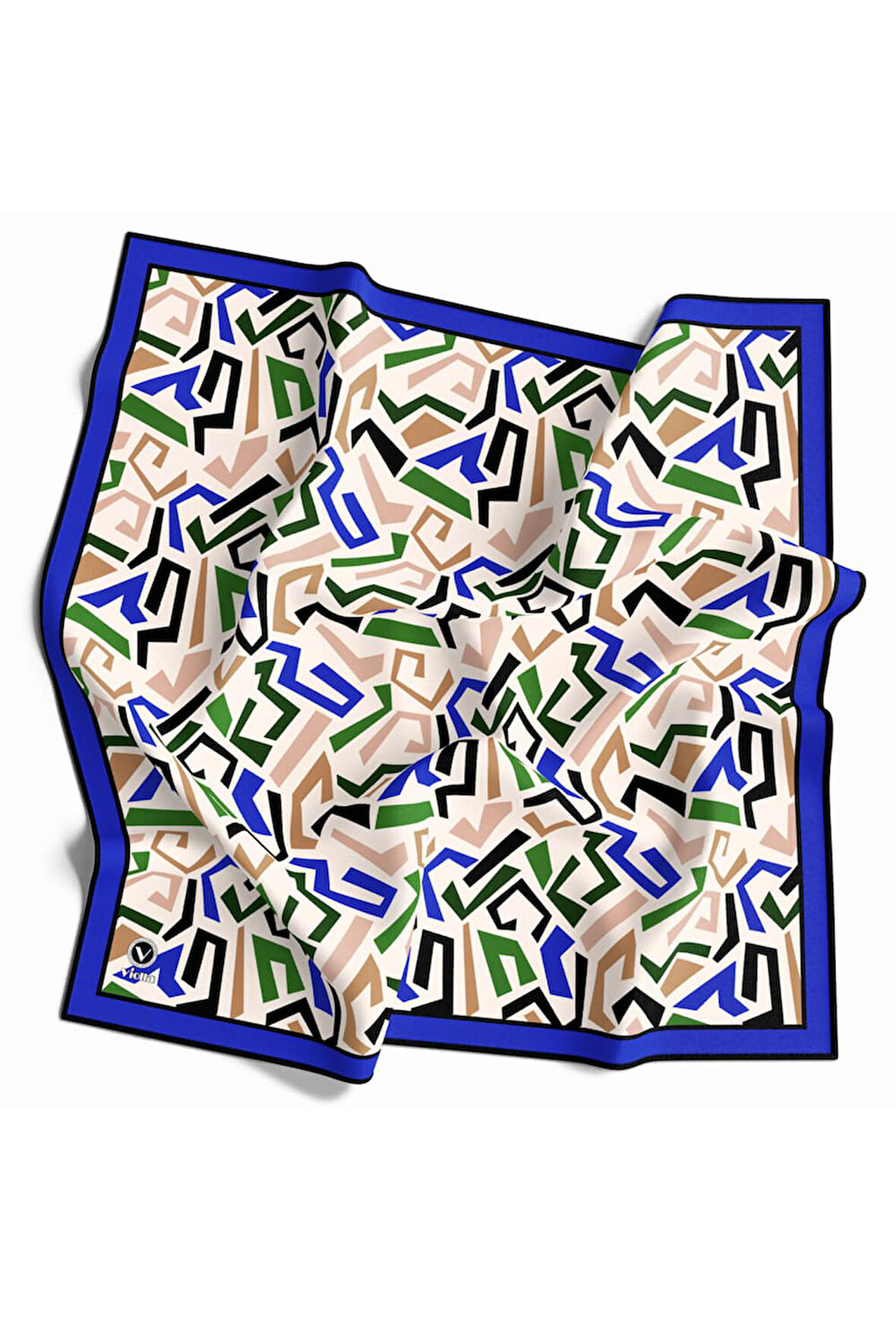 Twill Geometrik Desenli Saks Renkli 90x90 Eşarp (İpek İçermez) Kenar Dikiş Şekli El Dikişli