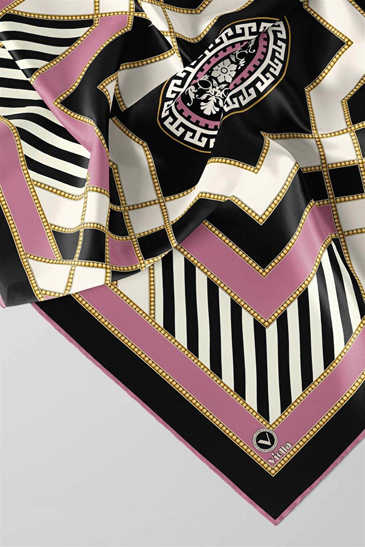 Twill Gold Detaylı Çizgili Desenli Pembe Renkli 90x90 Eşarp (İpek İçermez) Kenar Dikiş Şekli El Dikişli