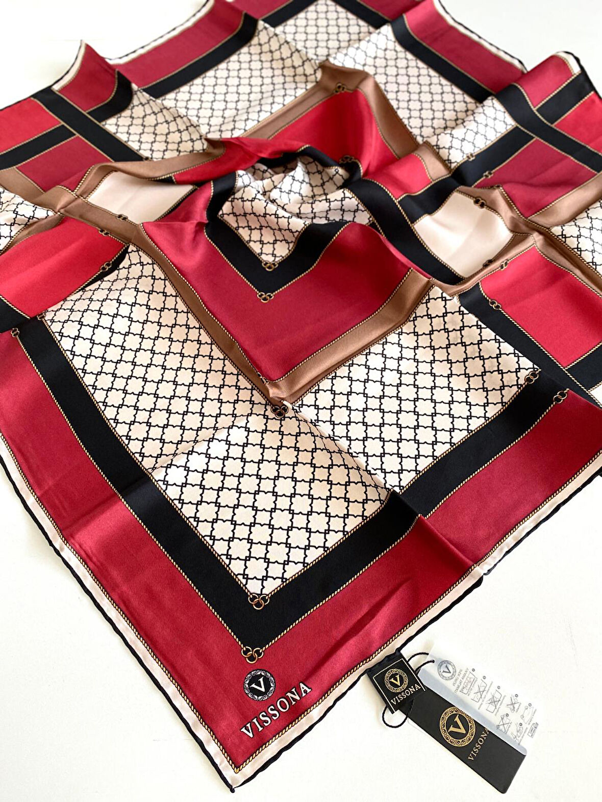 Vissona Tivil İpek Eşarp 10663-4-0018-0001 Kırmızı Karışık Desen