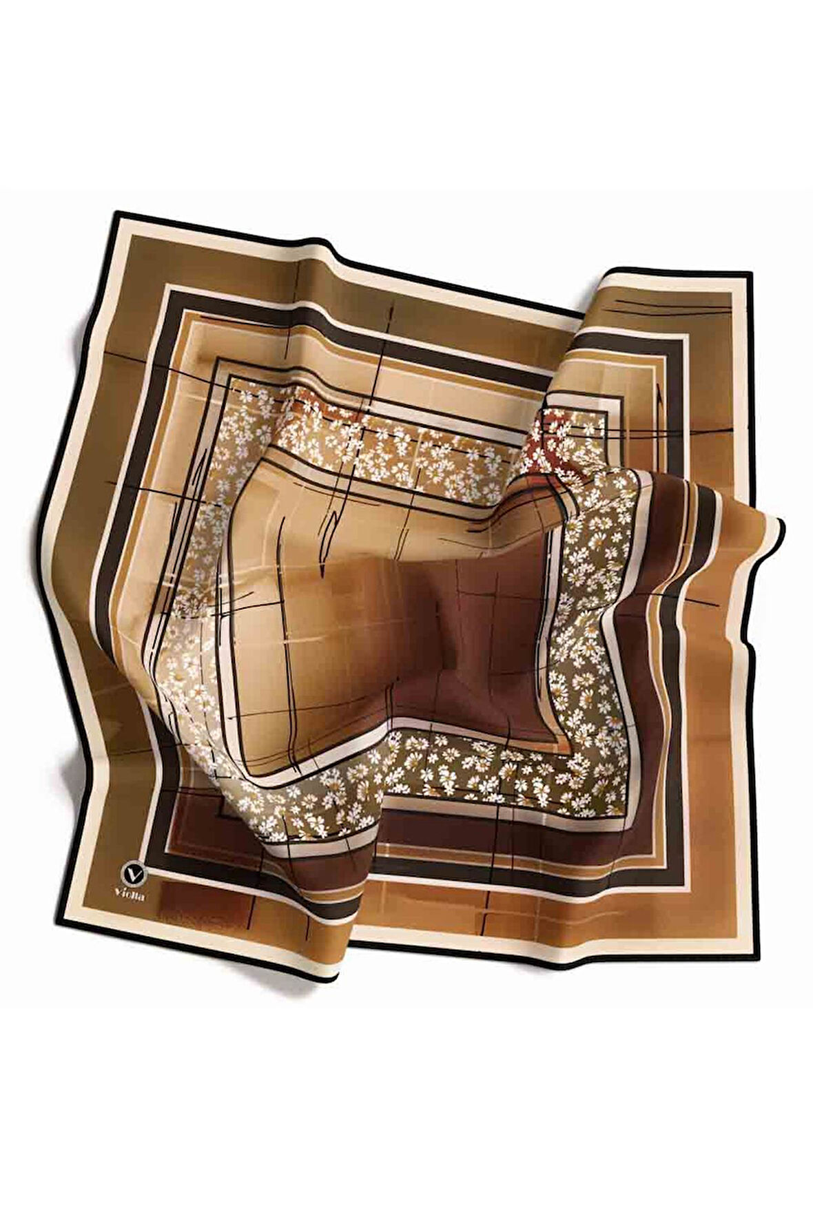 Twill Papatya ve Degrade Desenli Hardal Renkli 90x90 Eşarp (İpek İçermez) Kenar Dikiş Şekli El Dikişli