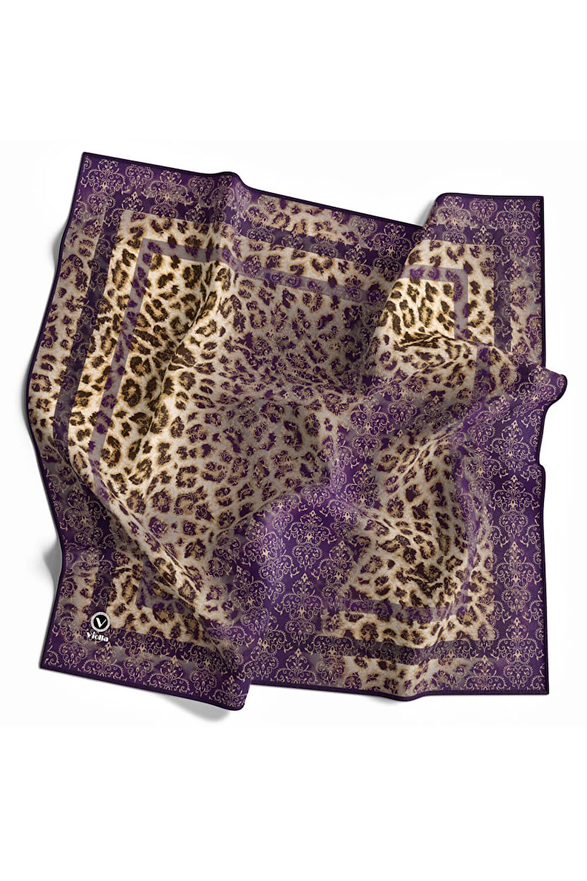Twill Leopar Desenli Mor Renkli 90x90 Eşarp (İpek İçermez) Kenar Dikiş Şekli El Dikişli