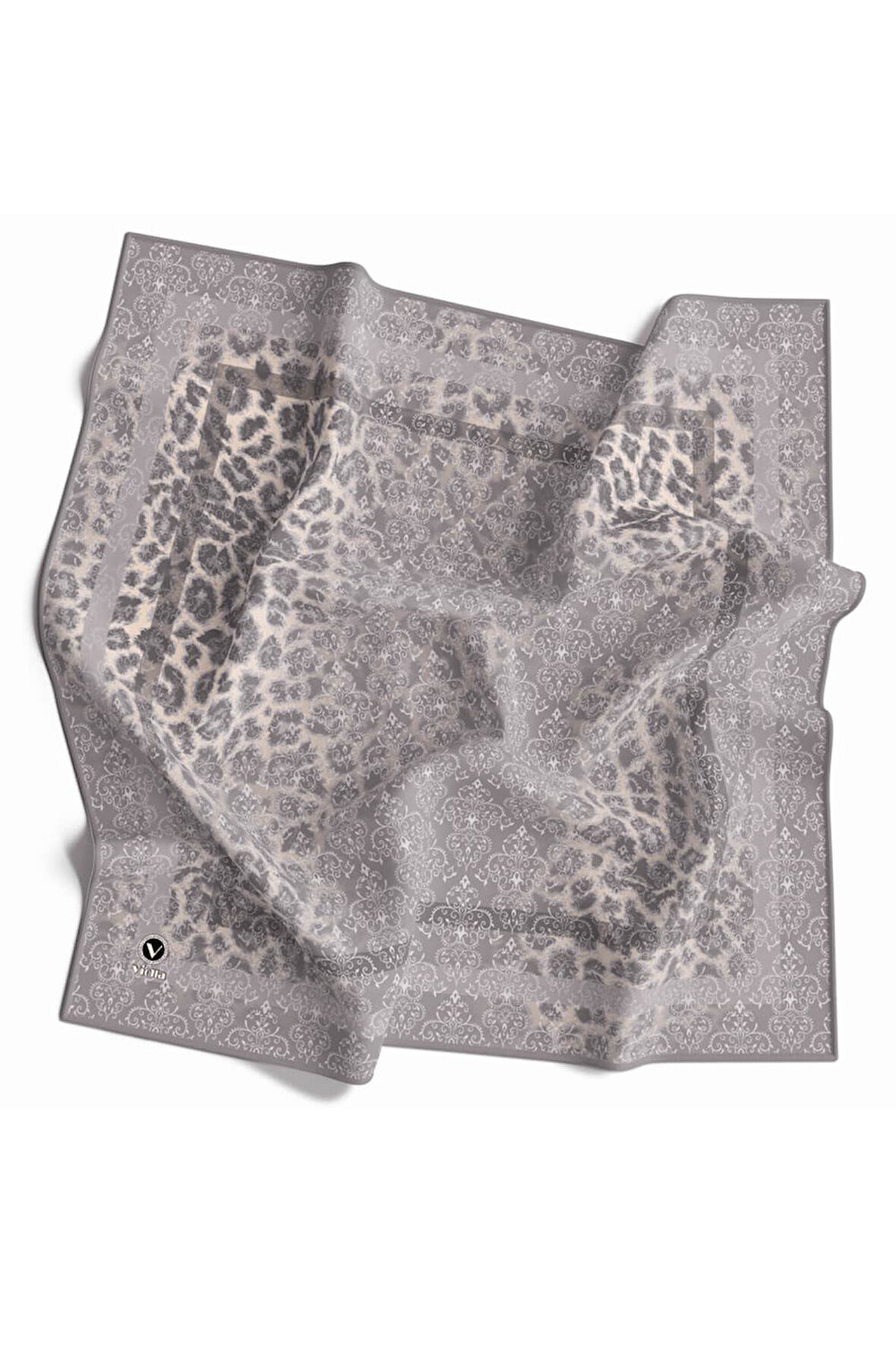 Twill Leopar Desenli Gri Renkli 90x90 Eşarp (İpek İçermez) Kenar Dikiş Şekli El Dikişli