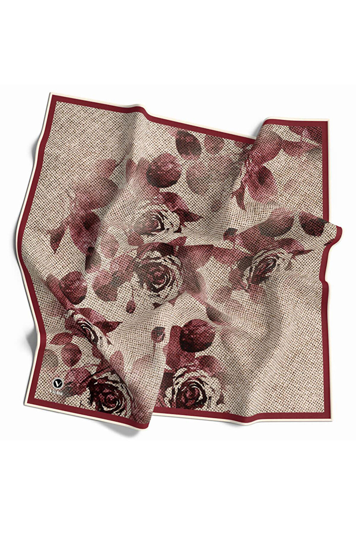 Twill Gül Desenli Bordo Renkli 90x90 Eşarp (İpek İçermez) Kenar Dikiş Şekli El Dikişli