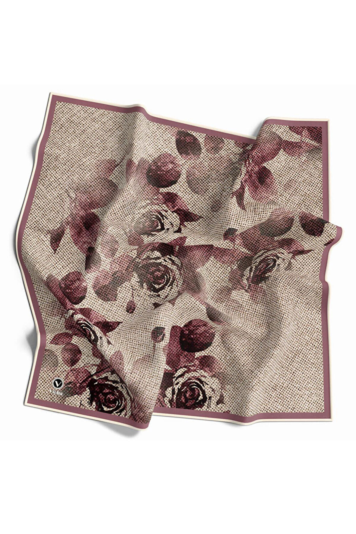 Twill Gül Desenli Pudra Renkli 90x90 Eşarp (İpek İçermez) Kenar Dikiş Şekli El Dikişli