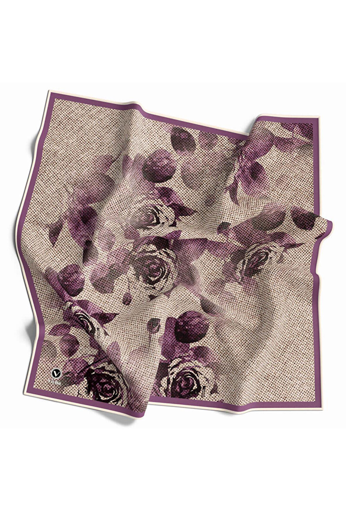 Twill Gül Desenli Mürdüm Renkli 90x90 Eşarp (İpek İçermez) Kenar Dikiş Şekli El Dikişli