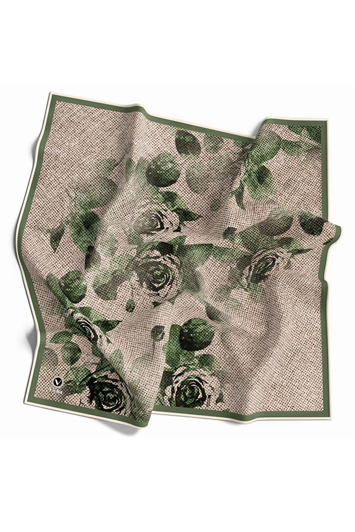 Twill Gül Desenli Zümrüt Yeşili Renkli 90x90 Eşarp (İpek İçermez) Kenar Dikiş Şekli El Dikişli