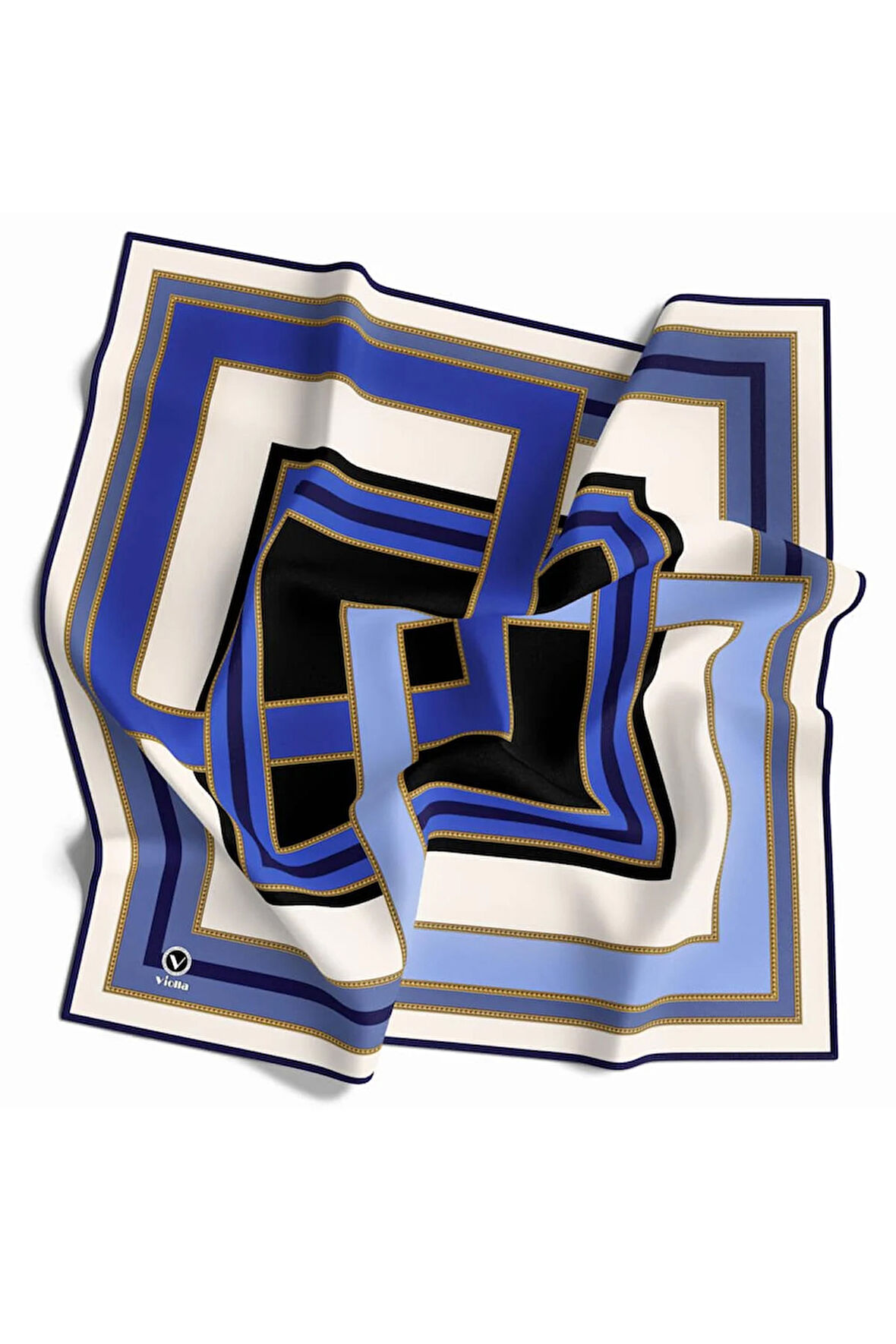 Twill Çerçeve Desenli Saks - Lacivert Renkli 90x90 Eşarp (İpek İçermez) Kenar Dikiş Şekli El Dikişli