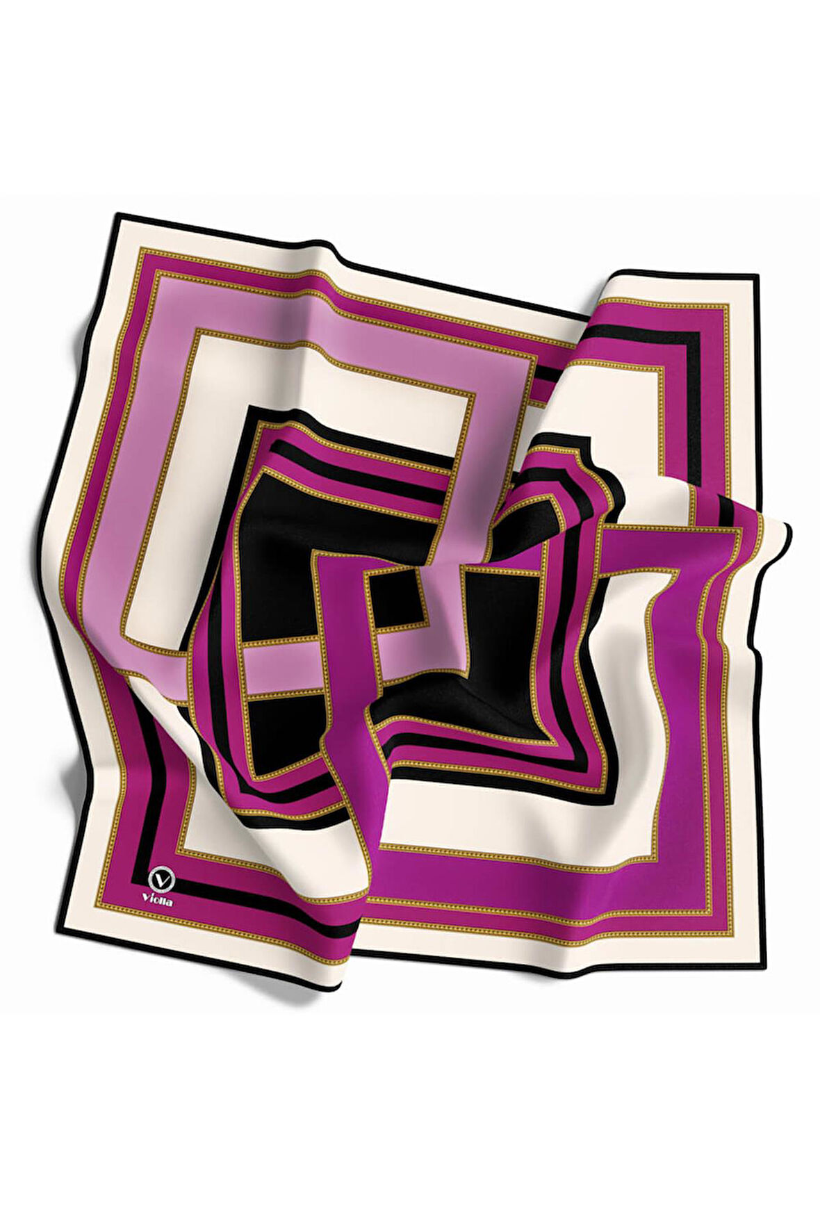 Twill Çerçeve Desenli Mürdüm - Siyah Renkli 90x90 Eşarp (İpek İçermez) Kenar Dikiş Şekli El Dikişli