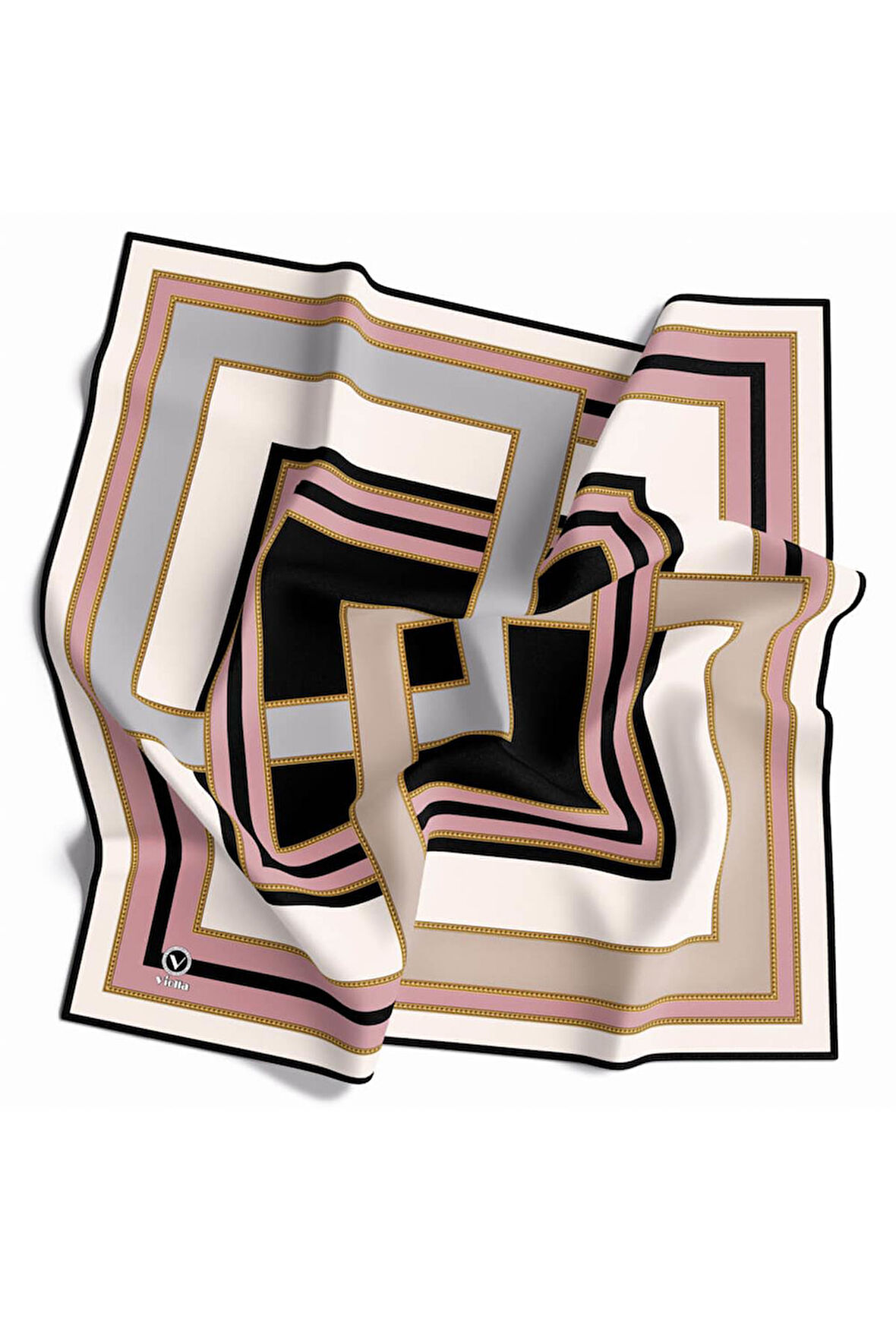 Twill Çerçeve Desenli Gri - Pudra Renkli 90x90 Eşarp (İpek İçermez) Kenar Dikiş Şekli El Dikişli