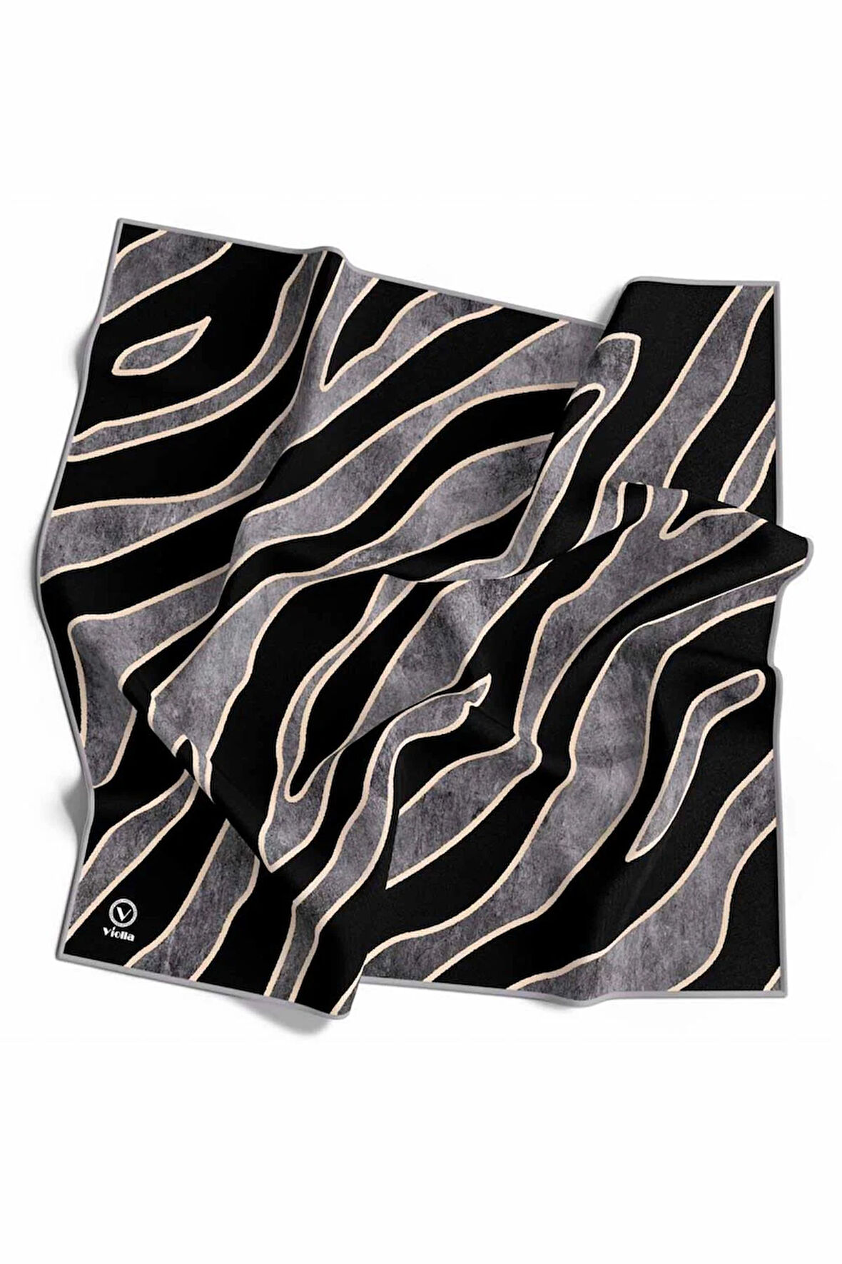 Kristal Zebra Çiçek Desenli Gri Renkli 90x90 Eşarp (İpek İçermez) Kenar Dikiş Şekli El Dikişli