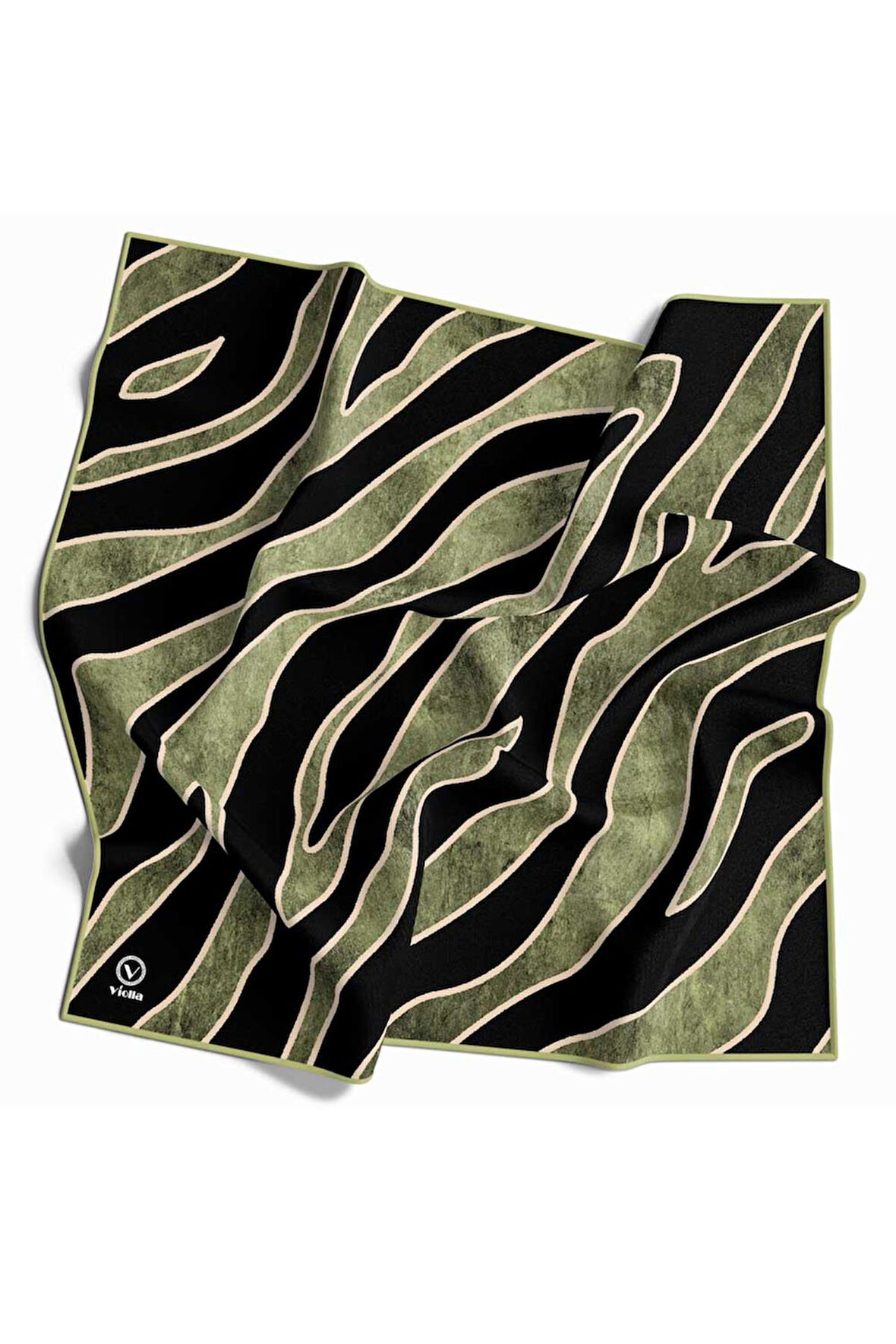 Kristal Zebra Çiçek Desenli Haki Renkli 90x90 Eşarp (İpek İçermez) Kenar Dikiş Şekli El Dikişli