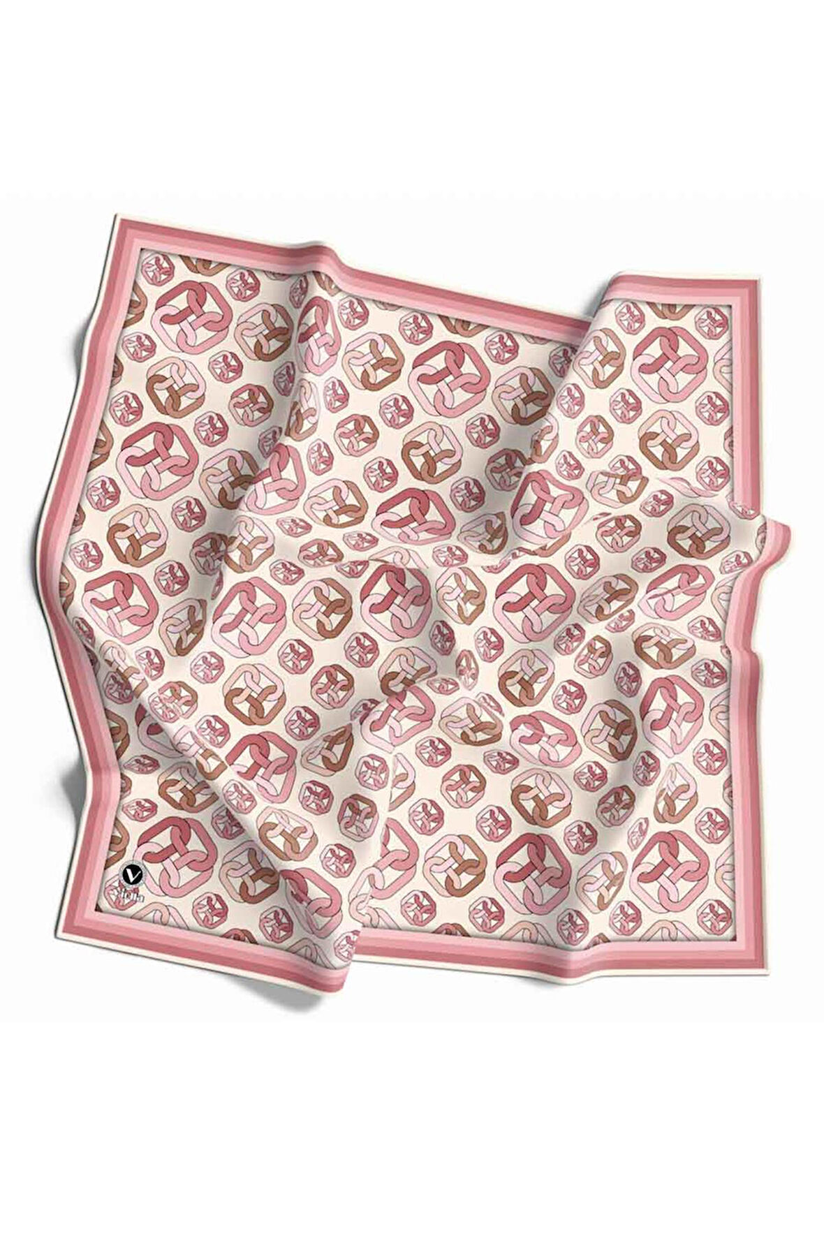 Kristal Zincir Motif Desenli Pudra Renkli 90x90 Eşarp (İpek İçermez) Kenar Dikiş Şekli El Dikişli