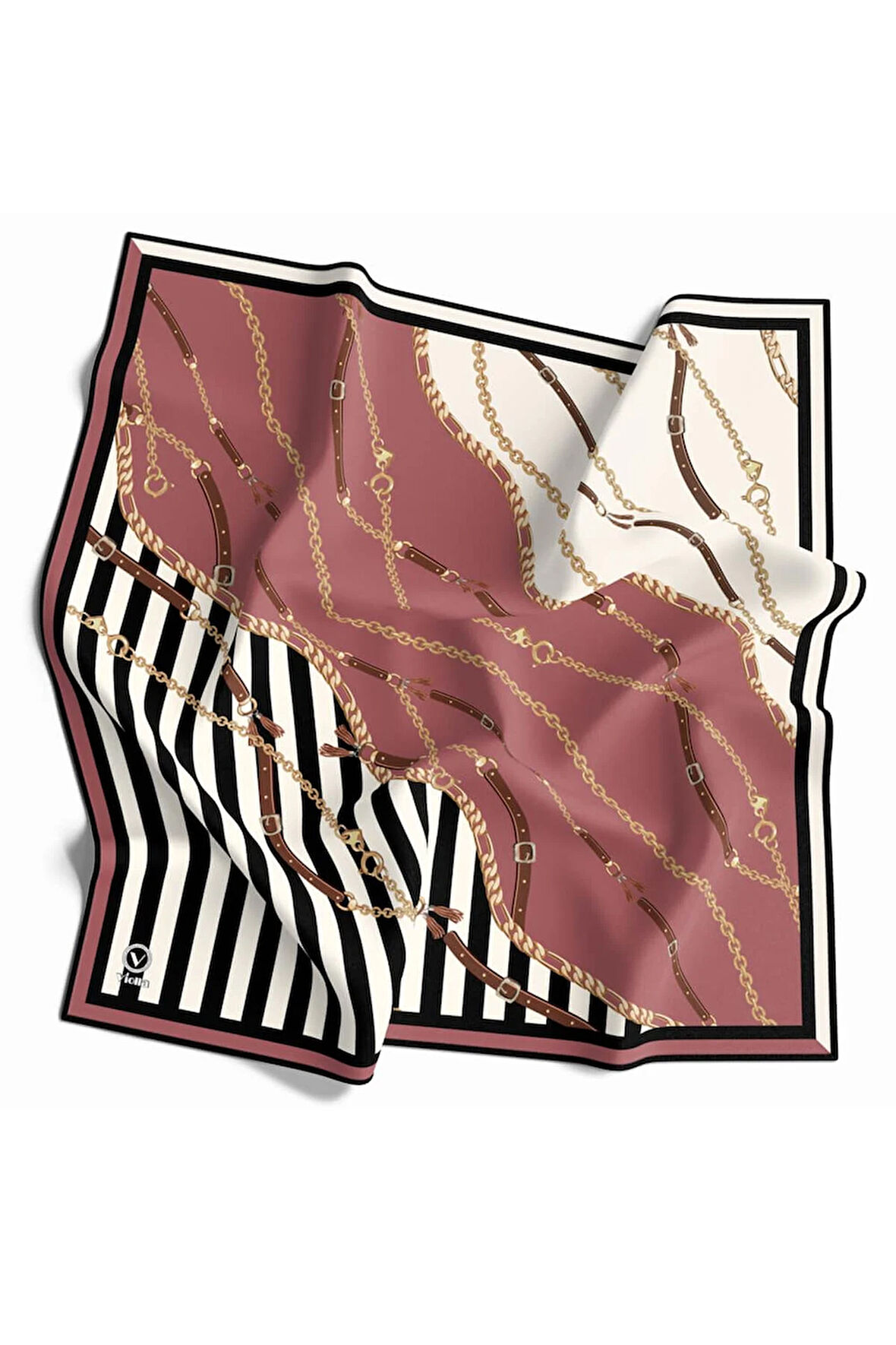 Twill Çizgili Zincir ve Kemer Desenli Pudra Renkli 90x90 Eşarp (İpek İçermez) Kenar Dikiş Şekli El Dikişli