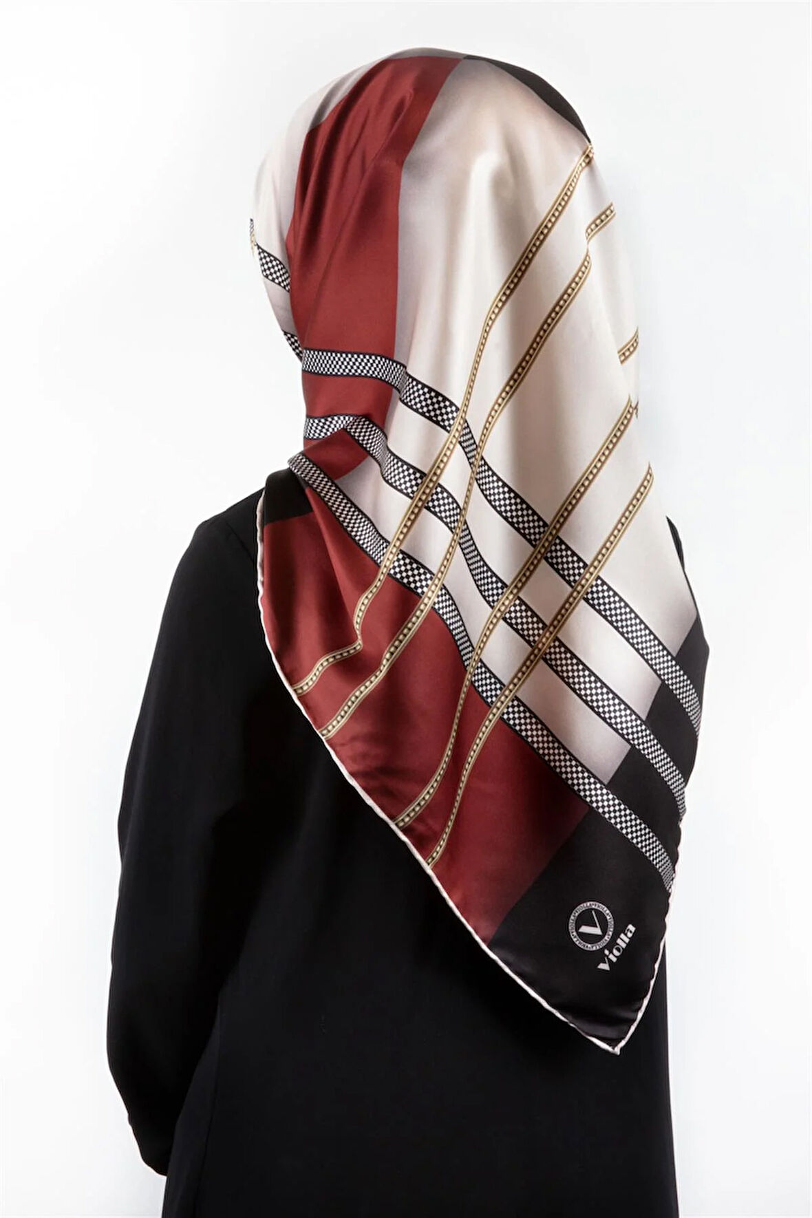 Twill Geometrik Desenli Siyah - Bordo Renkli 90x90 Eşarp (İpek İçermez) Kenar Dikiş Şekli El Dikişli