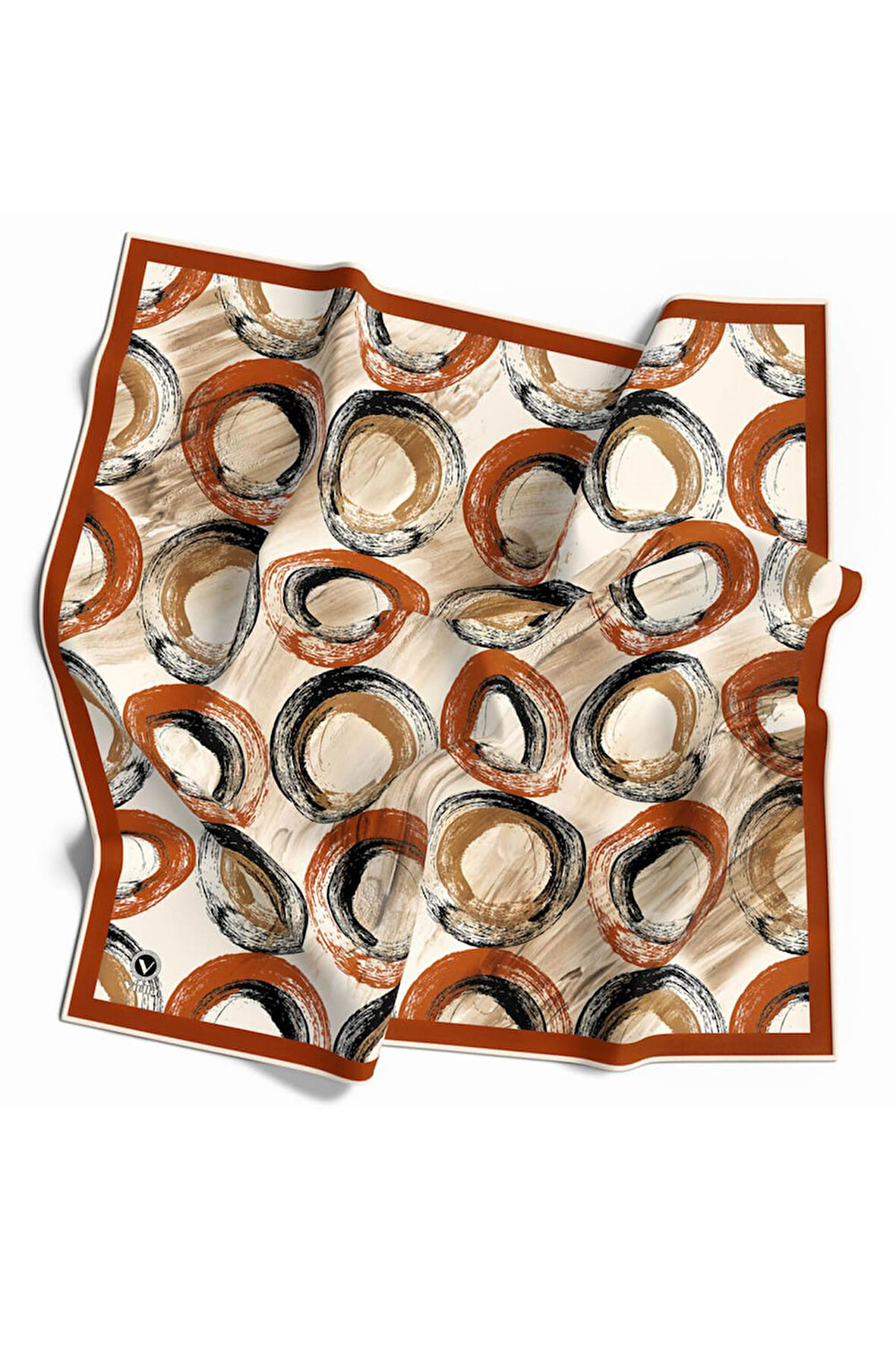 Twill Geometrik Fırça Darbesi Desenli Taba Renkli 90x90 Eşarp (İpek İçermez) Kenar Dikiş Şekli El Dikişli