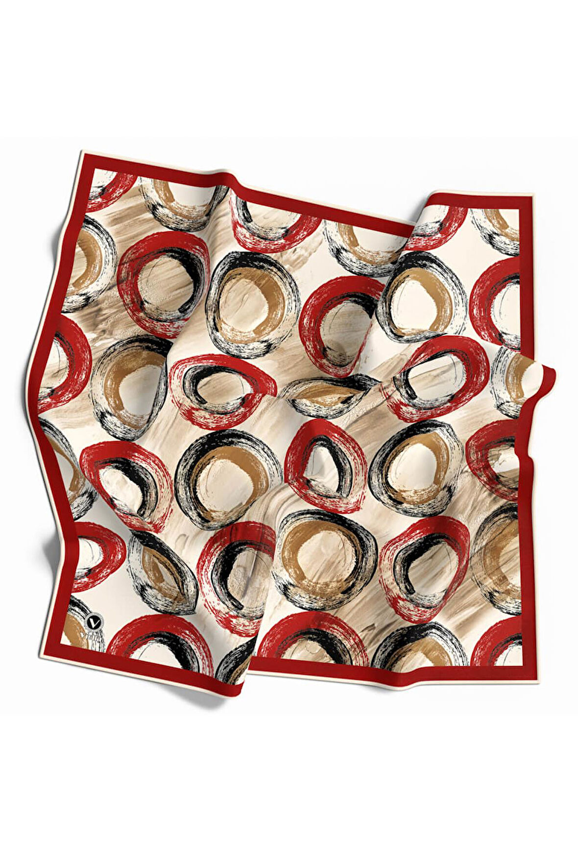 Twill Geometrik Fırça Darbesi Desenli Kırmızı Renkli 90x90 Eşarp (İpek İçermez) Kenar Dikiş Şekli El Dikişli