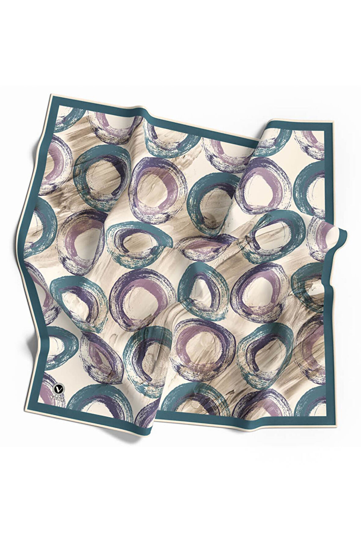 Twill Geometrik Fırça Darbesi Desenli Petrol Mavisi Renkli 90x90 Eşarp (İpek İçermez) Kenar Dikiş Şekli El Dikişli