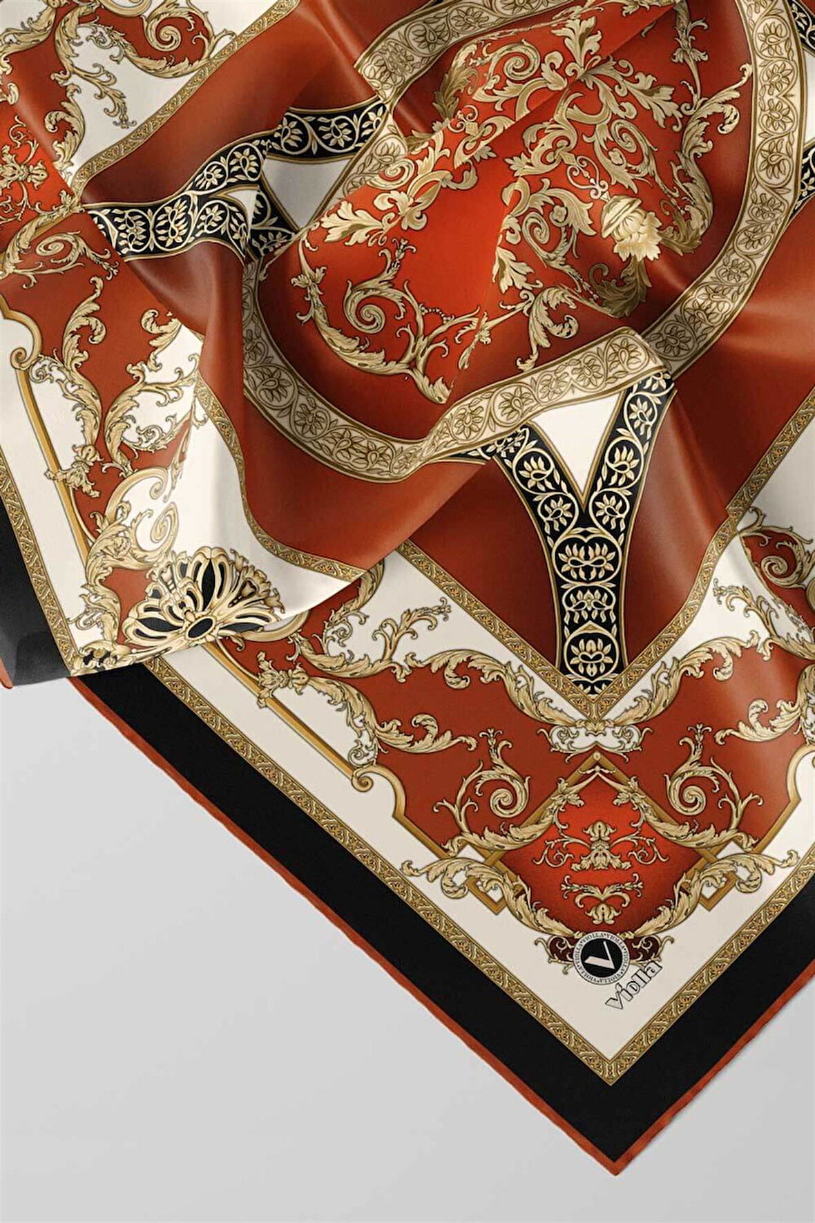 Twill Barok Desenli Taba Renkli 90x90 Eşarp (İpek İçermez) Kenar Dikiş Şekli El Dikişli