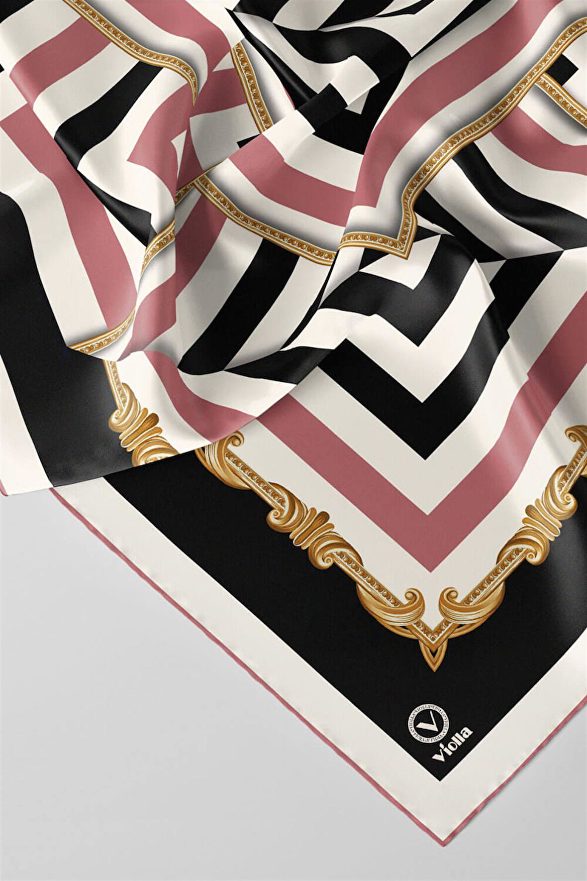 Twill Geometrik Desenli Pudra Renkli 90x90 Eşarp (İpek İçermez) Kenar Dikiş Şekli El Dikişli