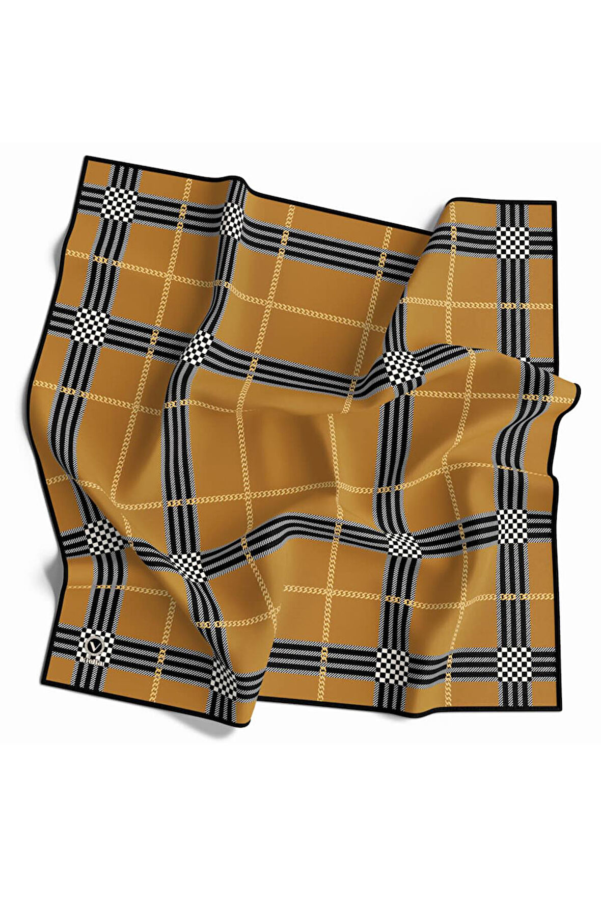 Twill Ekose Desenli Hardal Renkli 90x90 Eşarp (İpek İçermez) Kenar Dikiş Şekli El Dikişli