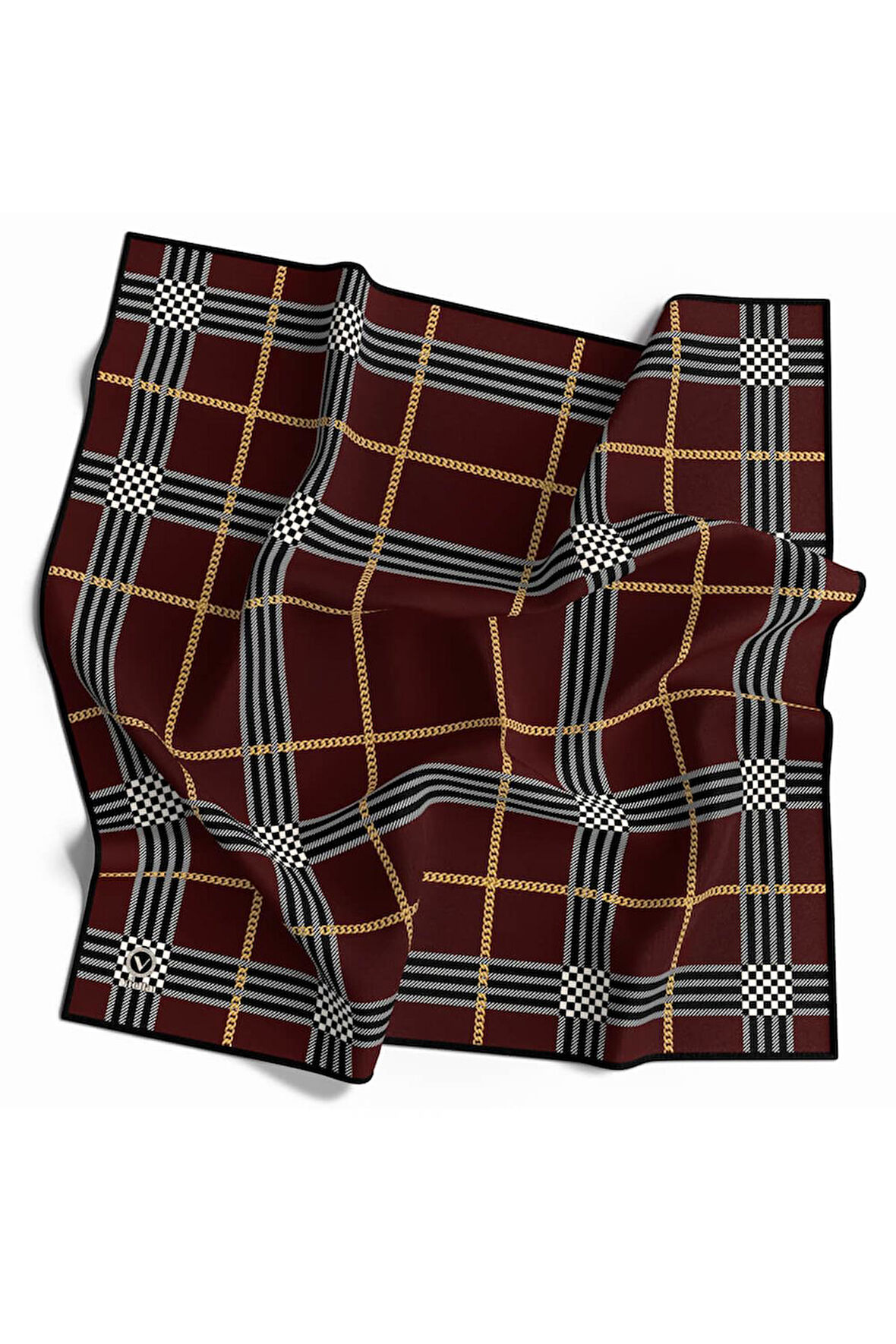 Twill Ekose Desenli Bordo Renkli 90x90 Eşarp (İpek İçermez) Kenar Dikiş Şekli El Dikişli